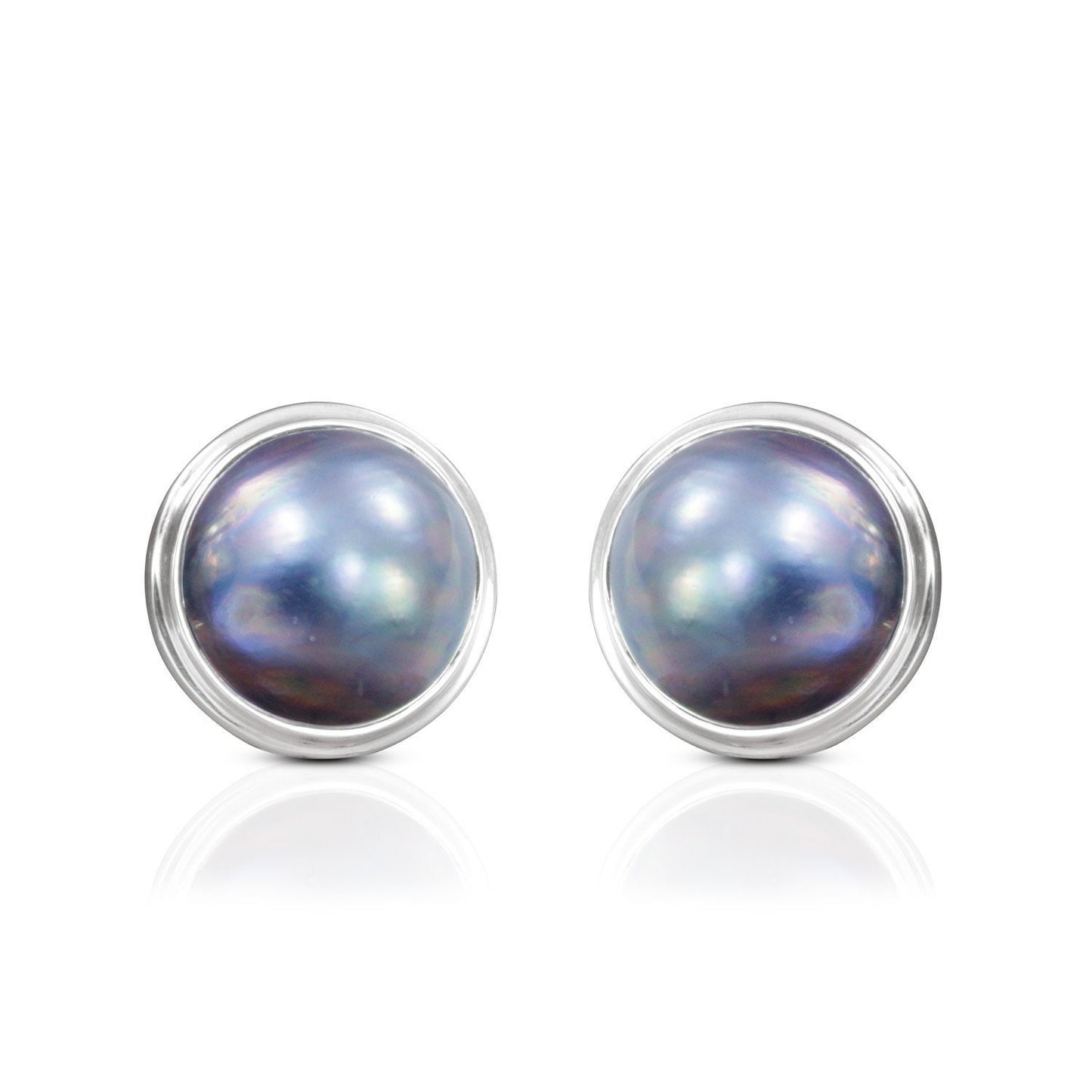 Blue Mabe Pearl stud Earrings 925 Sterling Silver with Double Bezel push back closure