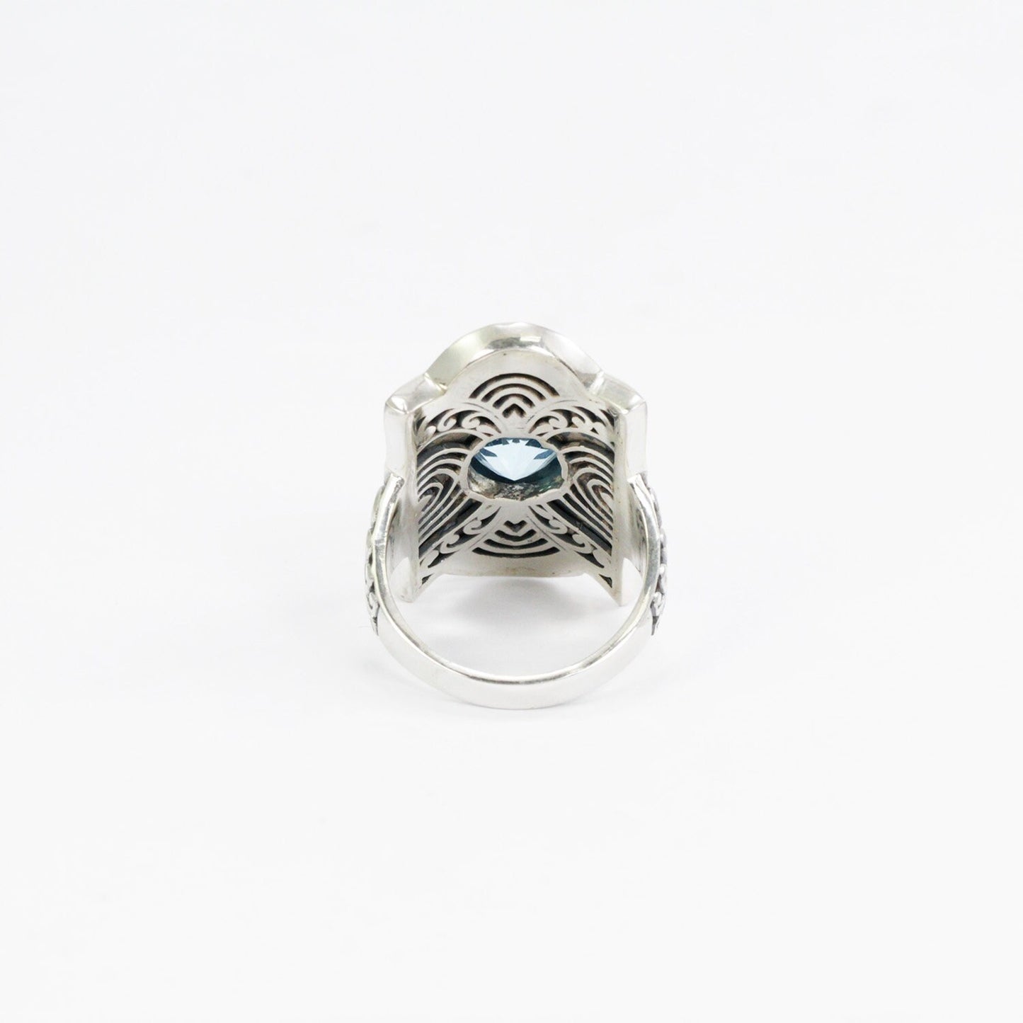 wide band ring sterling silver 925 with genuine blue topaz decorated with filigree ornament
