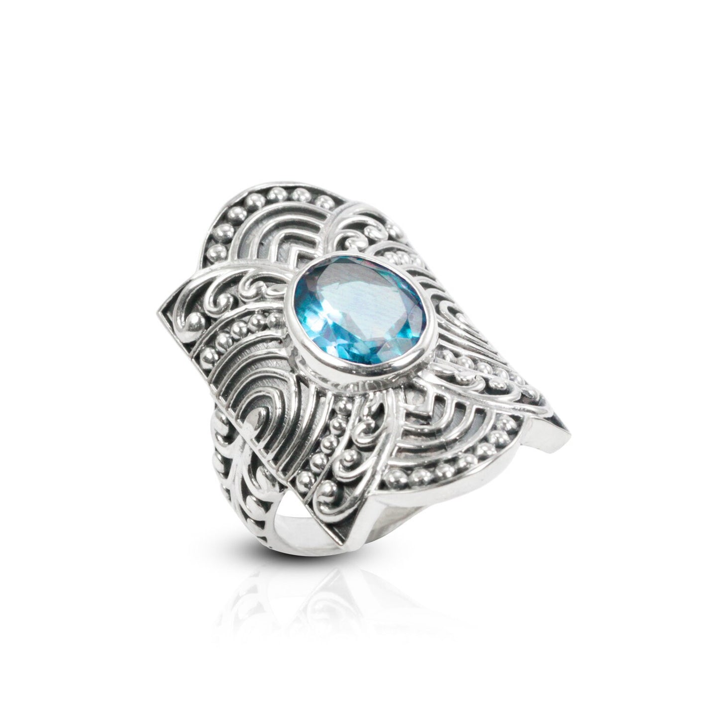 wide band ring sterling silver 925 with genuine blue topaz decorated with filigree ornament