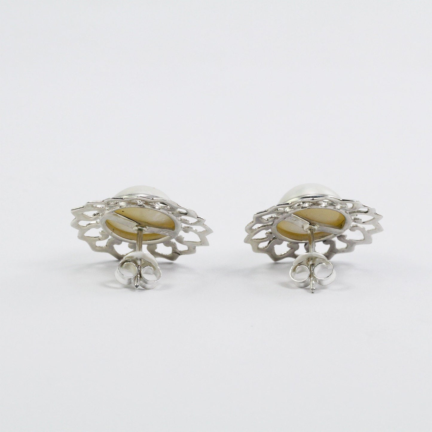 white mabe pearl stud earrings 925 sterling silver with lotus shape ornament
