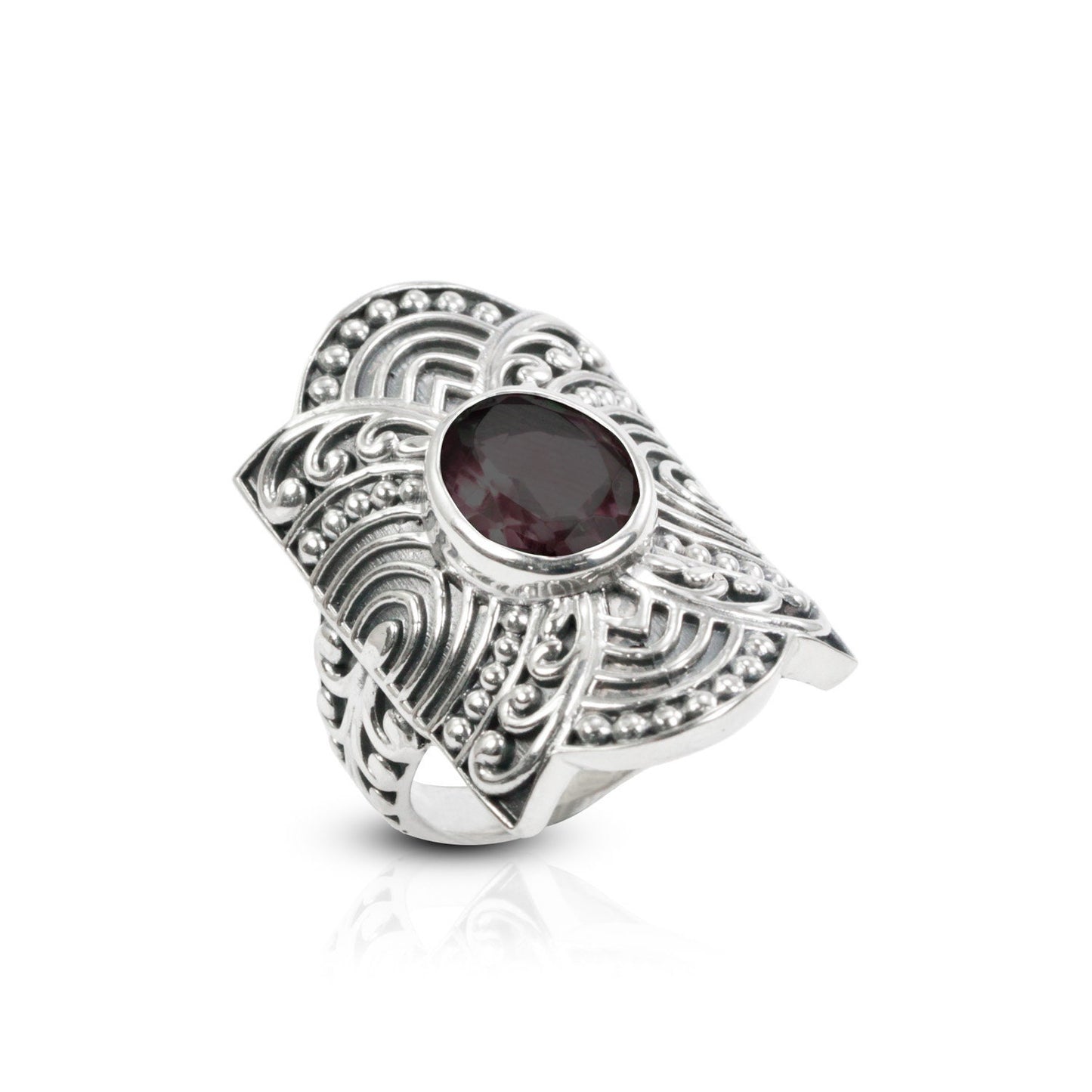 wide band ring 925 sterling silver with natural garnet decorated with filigree ornament