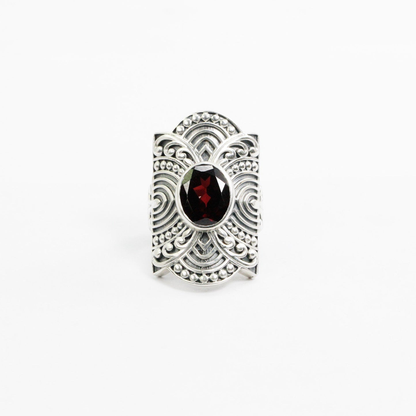 wide band ring 925 sterling silver with natural garnet decorated with filigree ornament