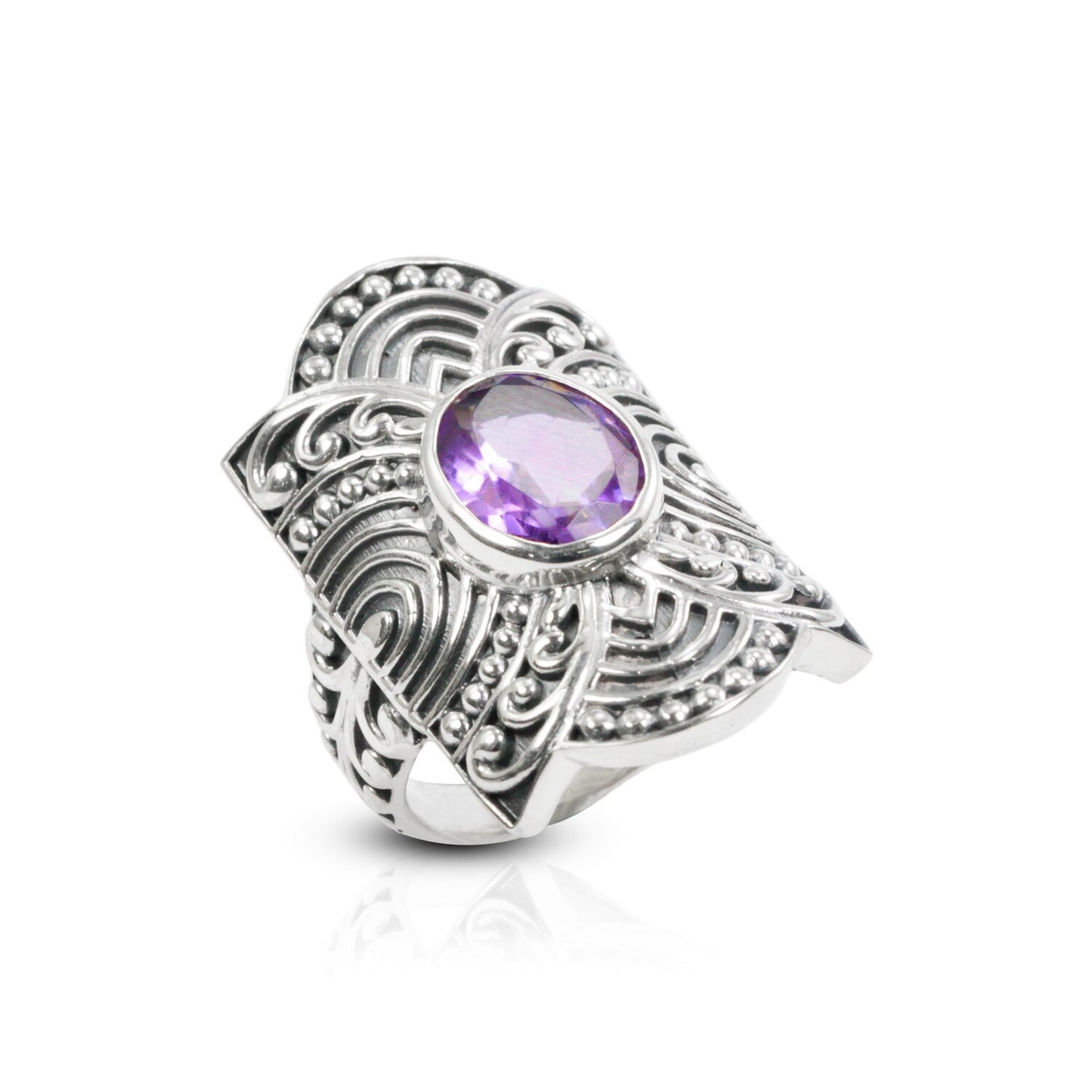Amethyst ring set in 925 sterling silver wide band decorated with filigree ornament