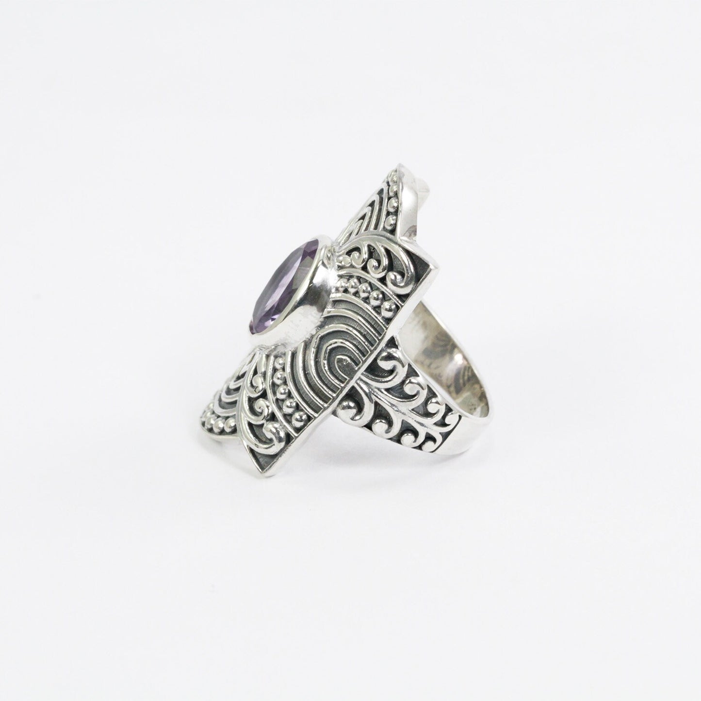 Amethyst ring set in 925 sterling silver wide band decorated with filigree ornament