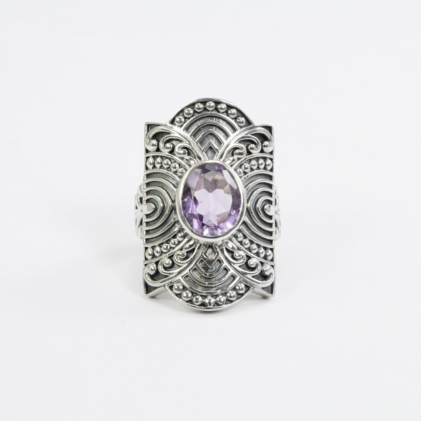 Amethyst ring set in 925 sterling silver wide band decorated with filigree ornament