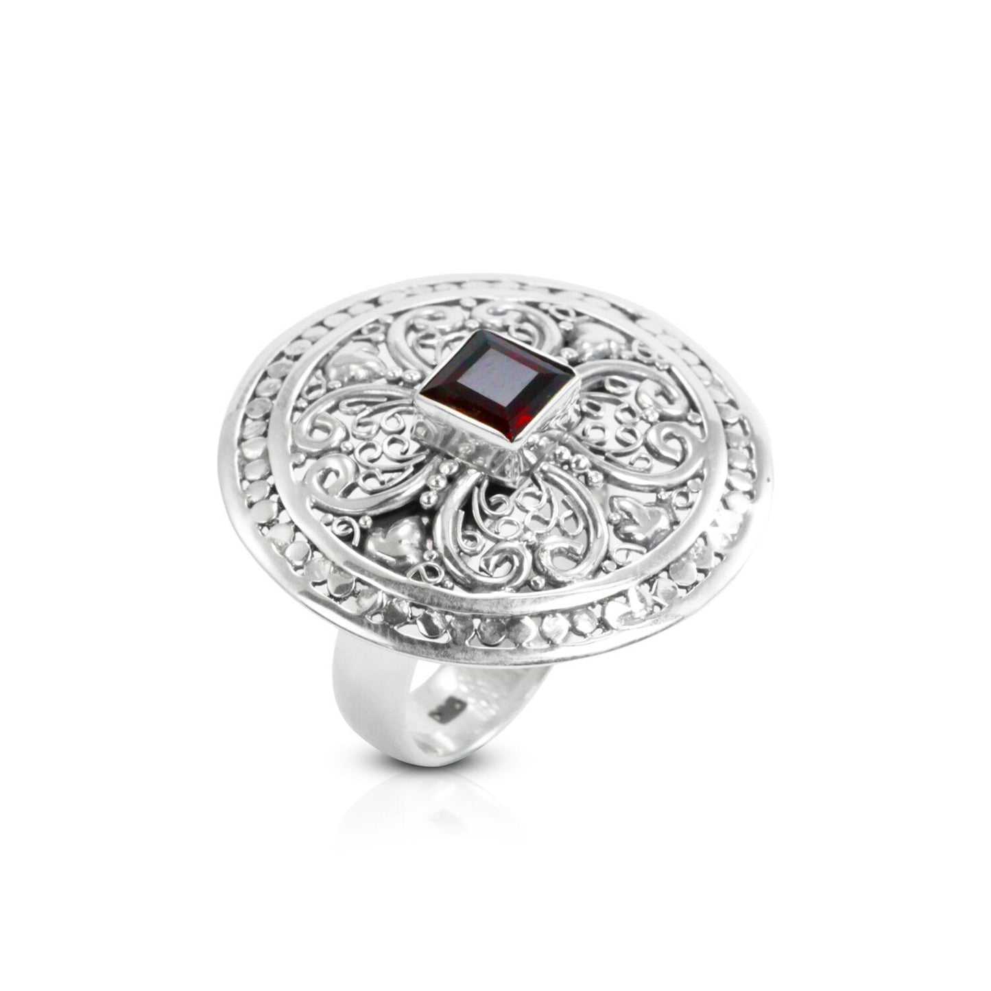 Circle ring 925 sterling silver with natural garnet decorated with delicate filigree ornament