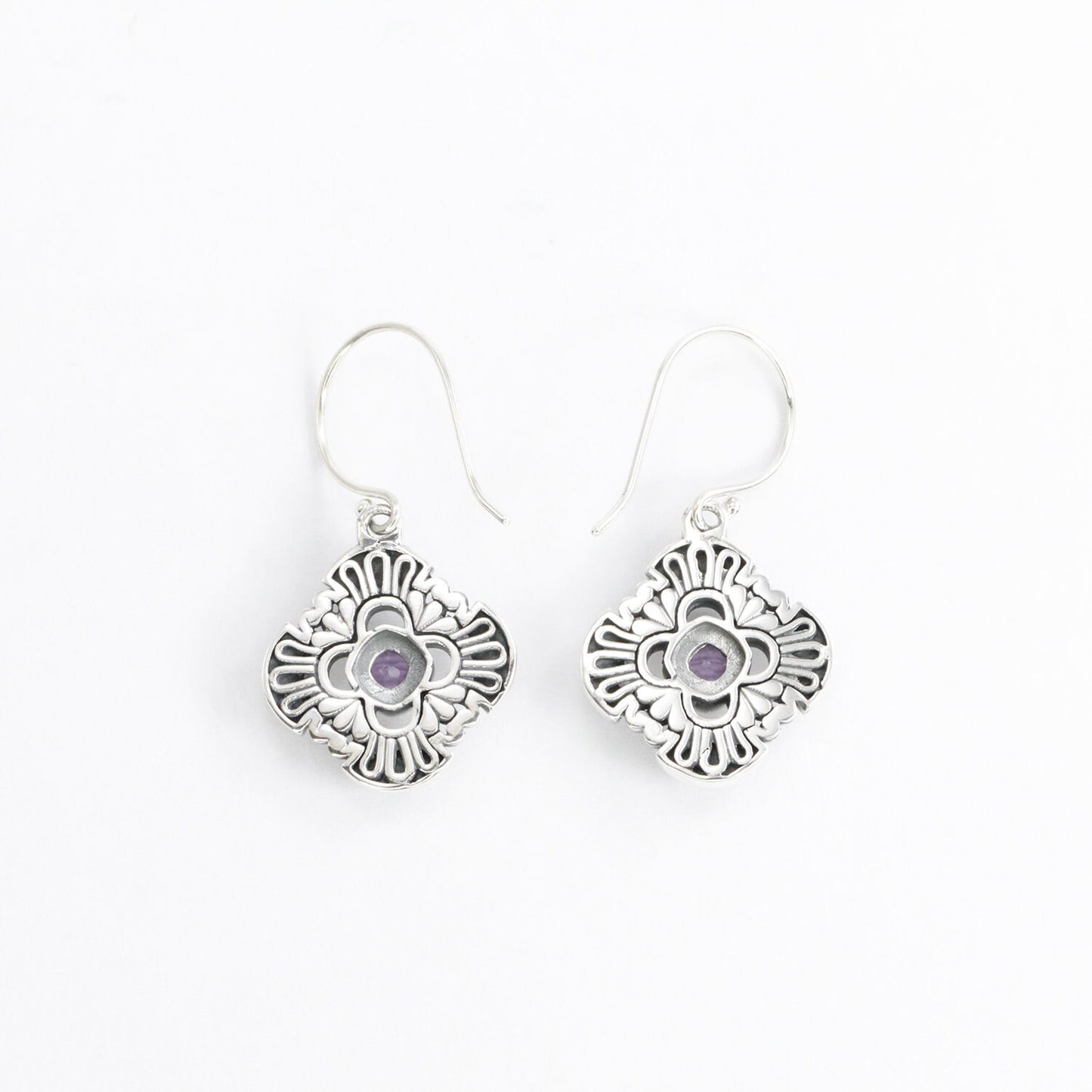 Maltese cross earrings 925 sterling silver with genuine amethyst and swirl filigree ornament