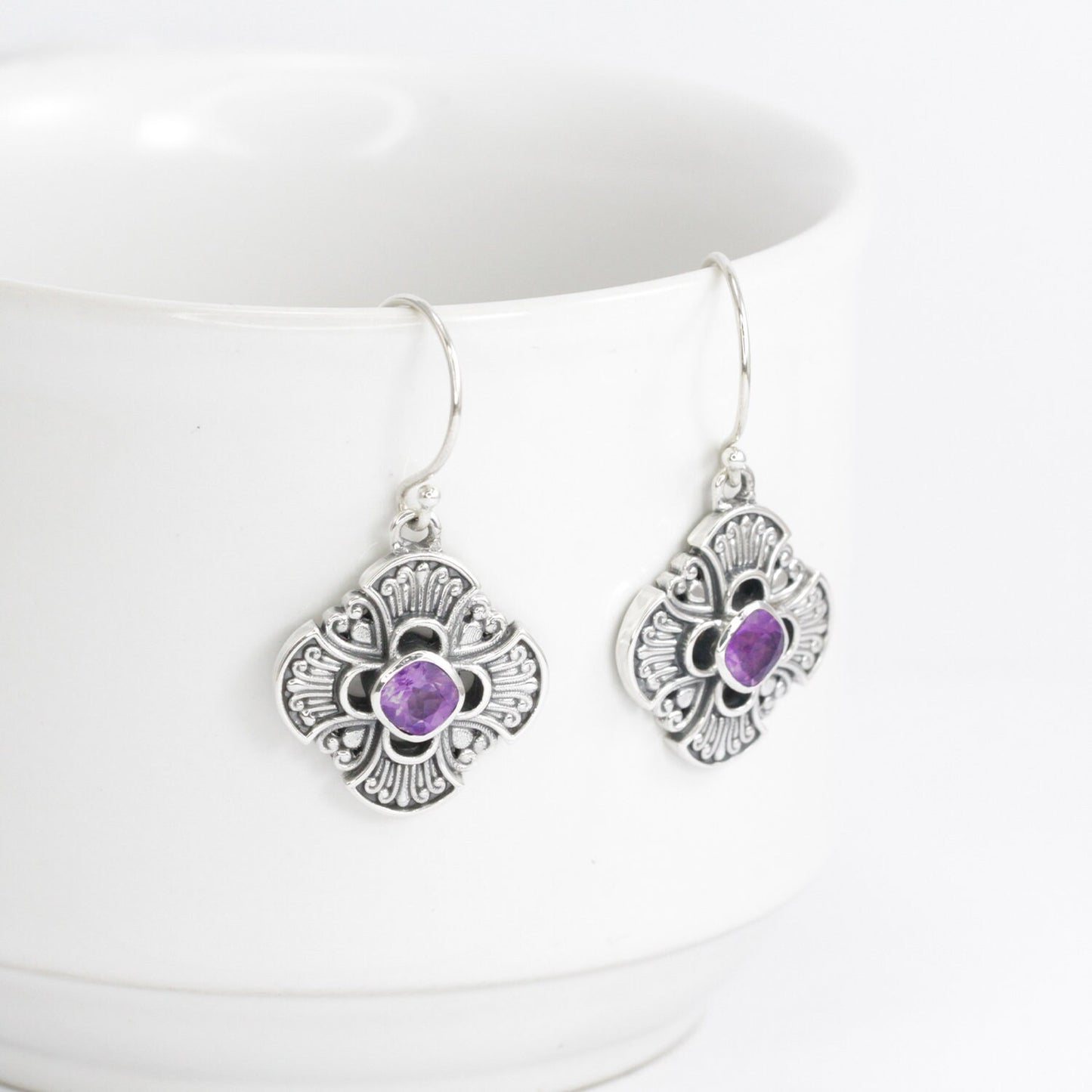 Maltese cross earrings 925 sterling silver with genuine amethyst and swirl filigree ornament