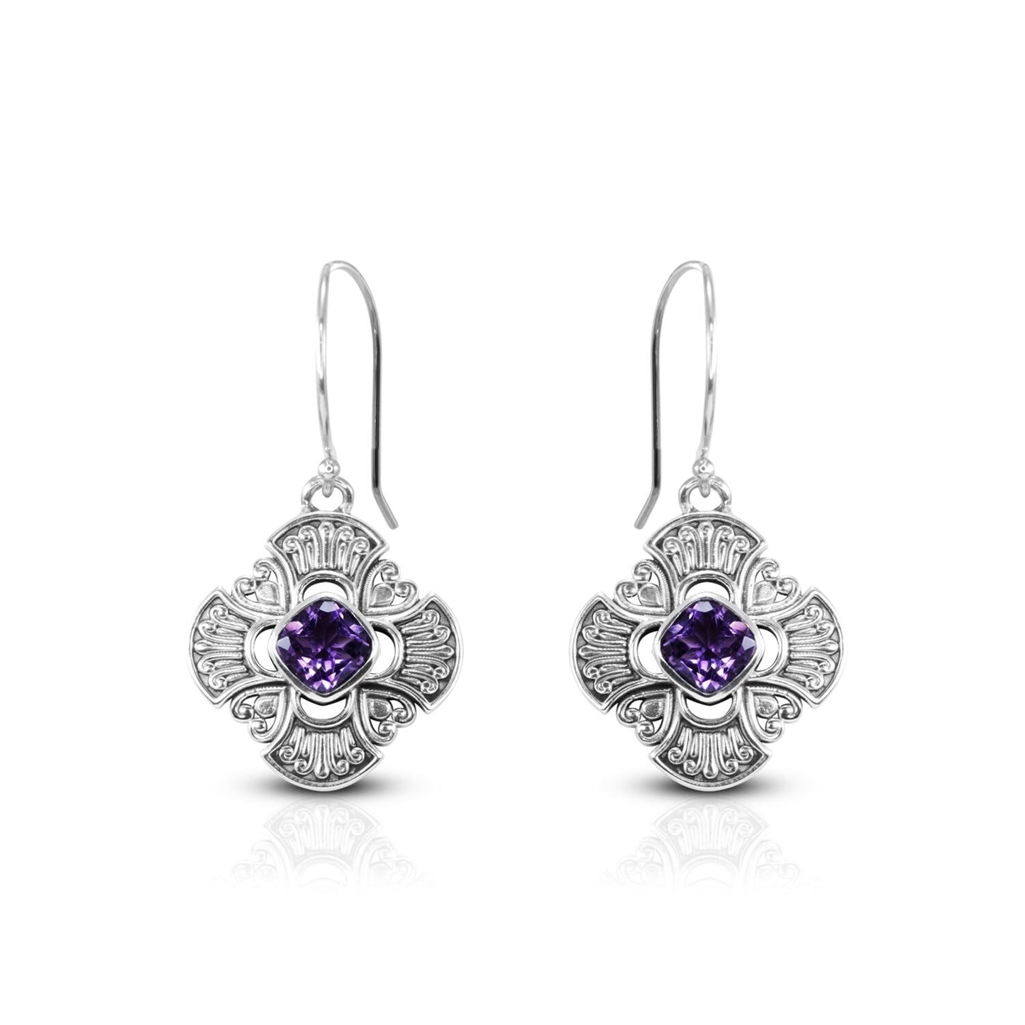 Maltese cross earrings 925 sterling silver with genuine amethyst and swirl filigree ornament