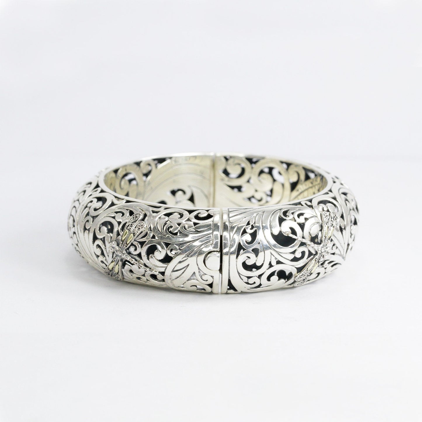 dragonfly bangle 925 sterling silver limited item decorated with open work filigree and 18K yellow gold wings accent