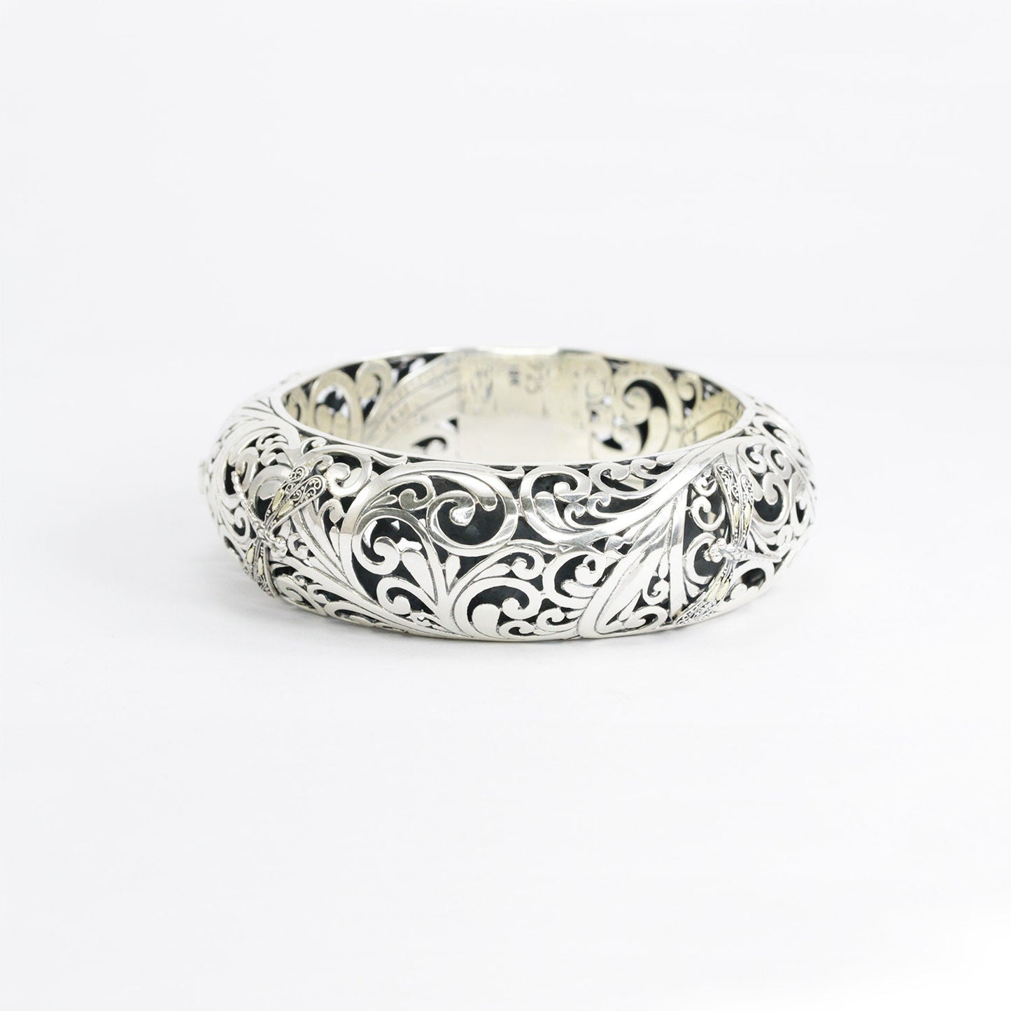 dragonfly bangle 925 sterling silver limited item decorated with open work filigree and 18K yellow gold wings accent