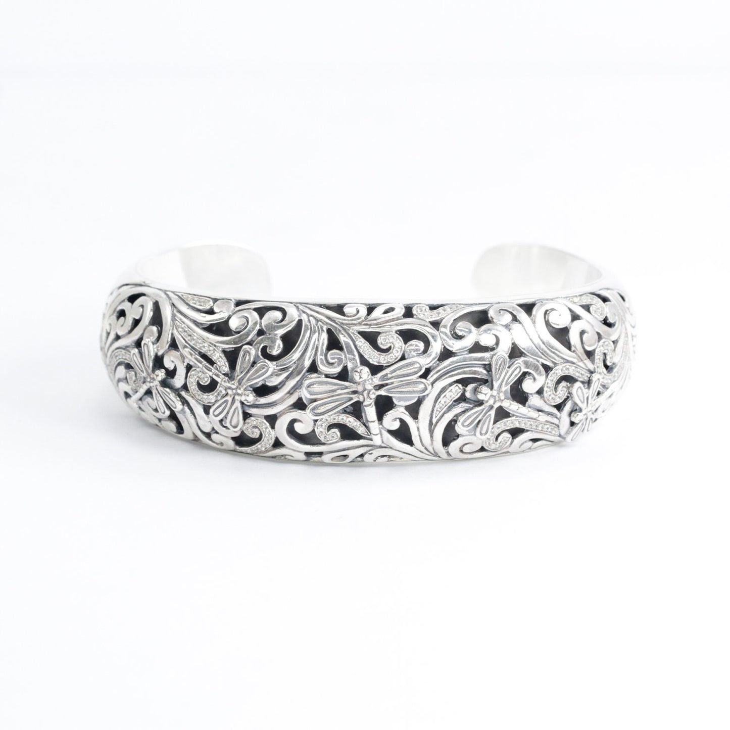 cuff bangle 925 sterling silver decorated with white zirconia in beautiful open work filigree ornament and dragonfly