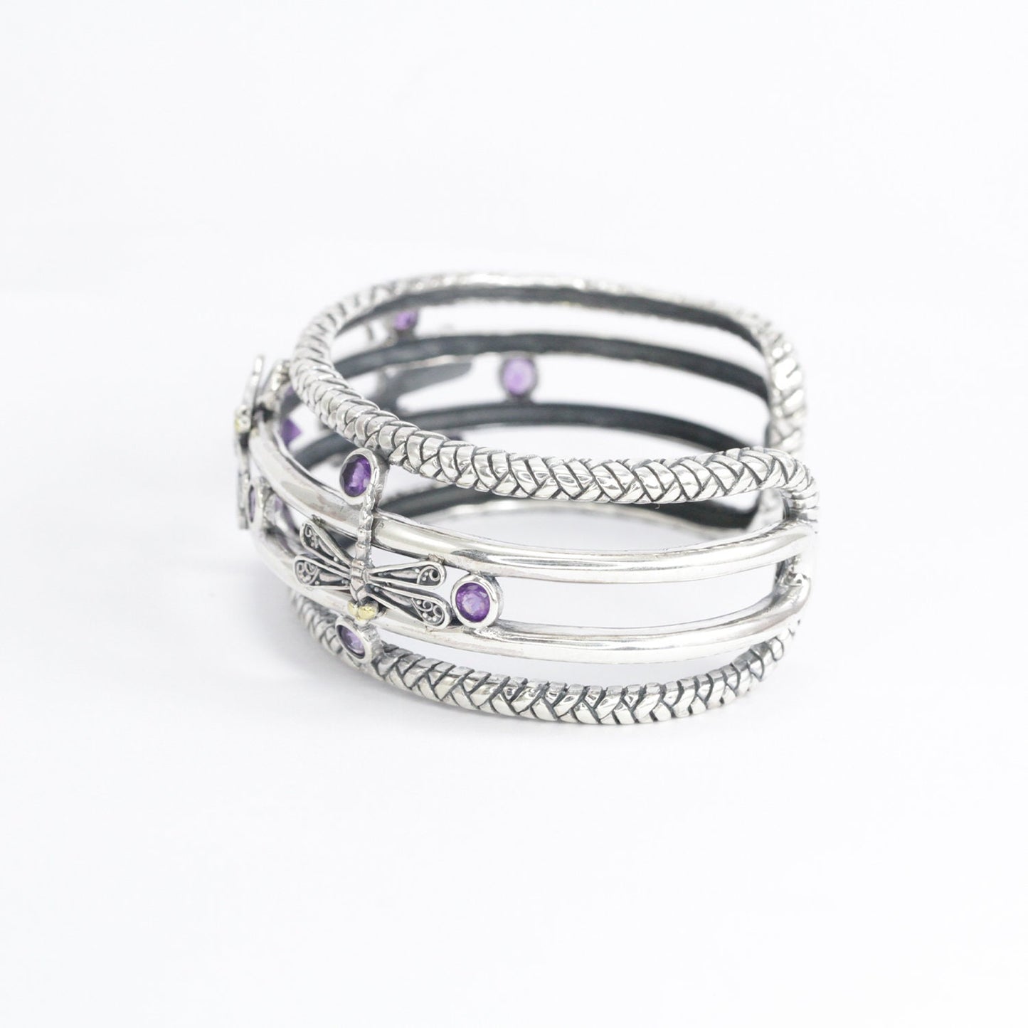 amethyst cuff bangle bracelet 925 sterling silver decorated with dragonfly filigree and 18K yellow gold
