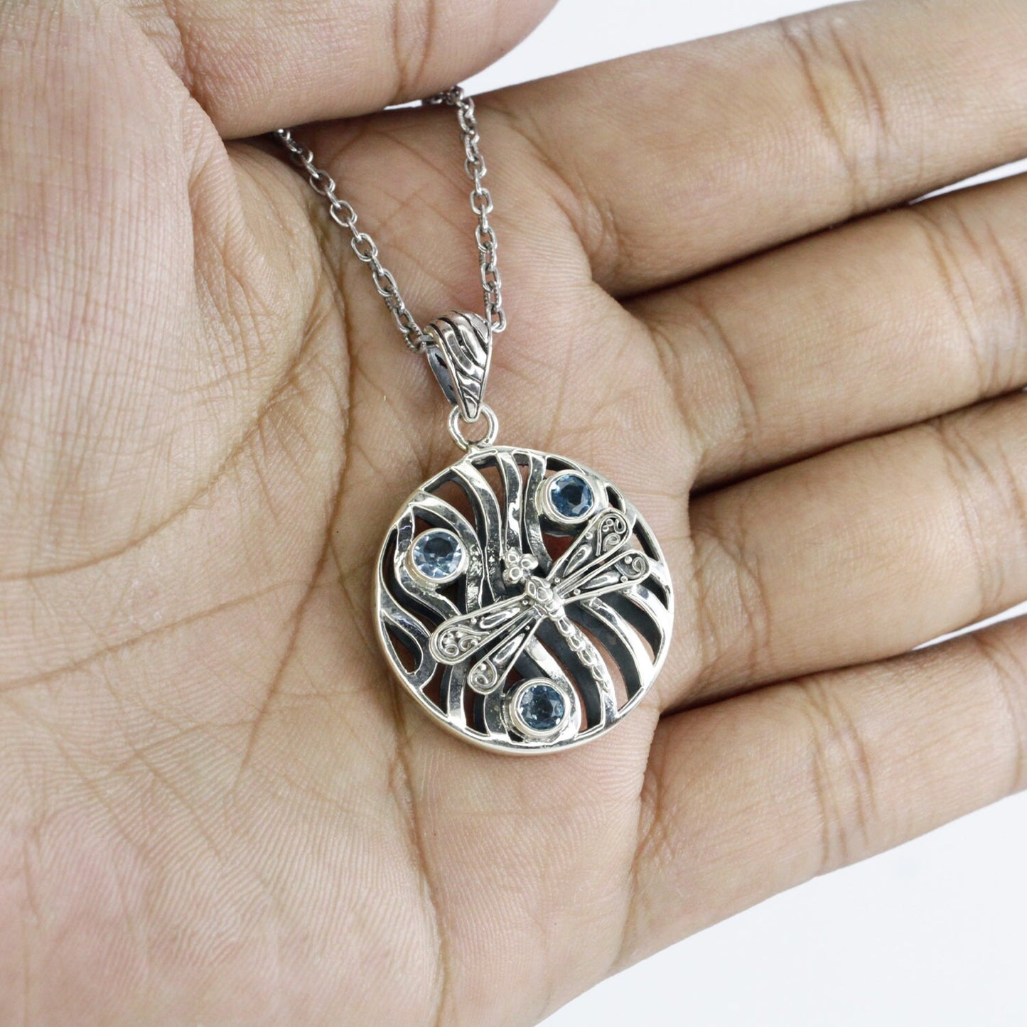 Blue topaz pendant necklace 925 sterling silver with dragonfly ornament and wave style
