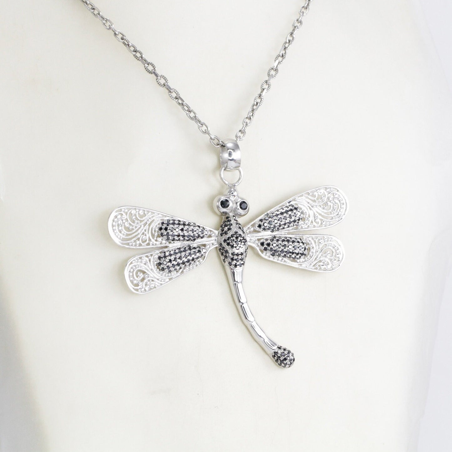 Dragonfly pendant necklace 925 sterling silver with genuine ruby and black zircon decorated with open work filigree