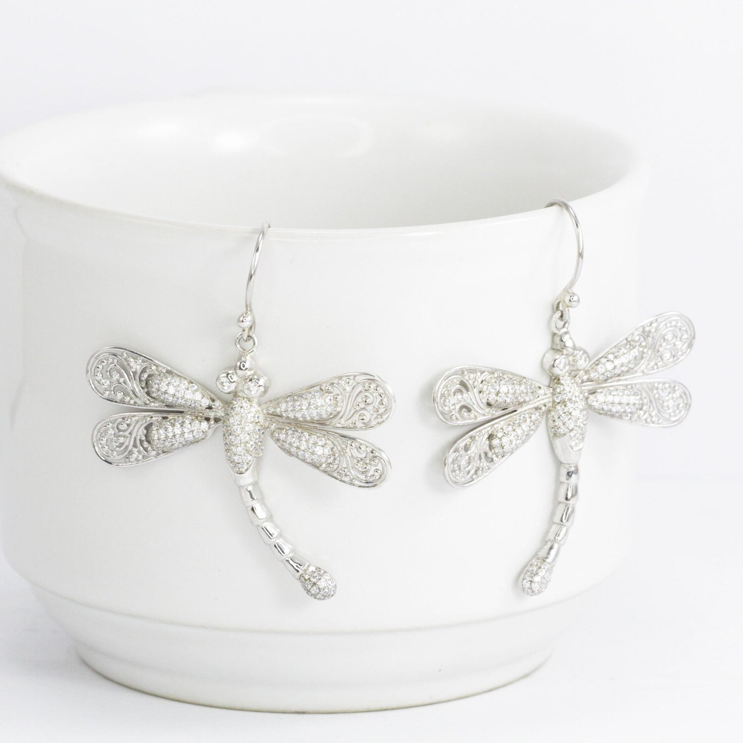 dragonfly earrings 925 sterling silver decorated with genuine white zircon and open work filigree