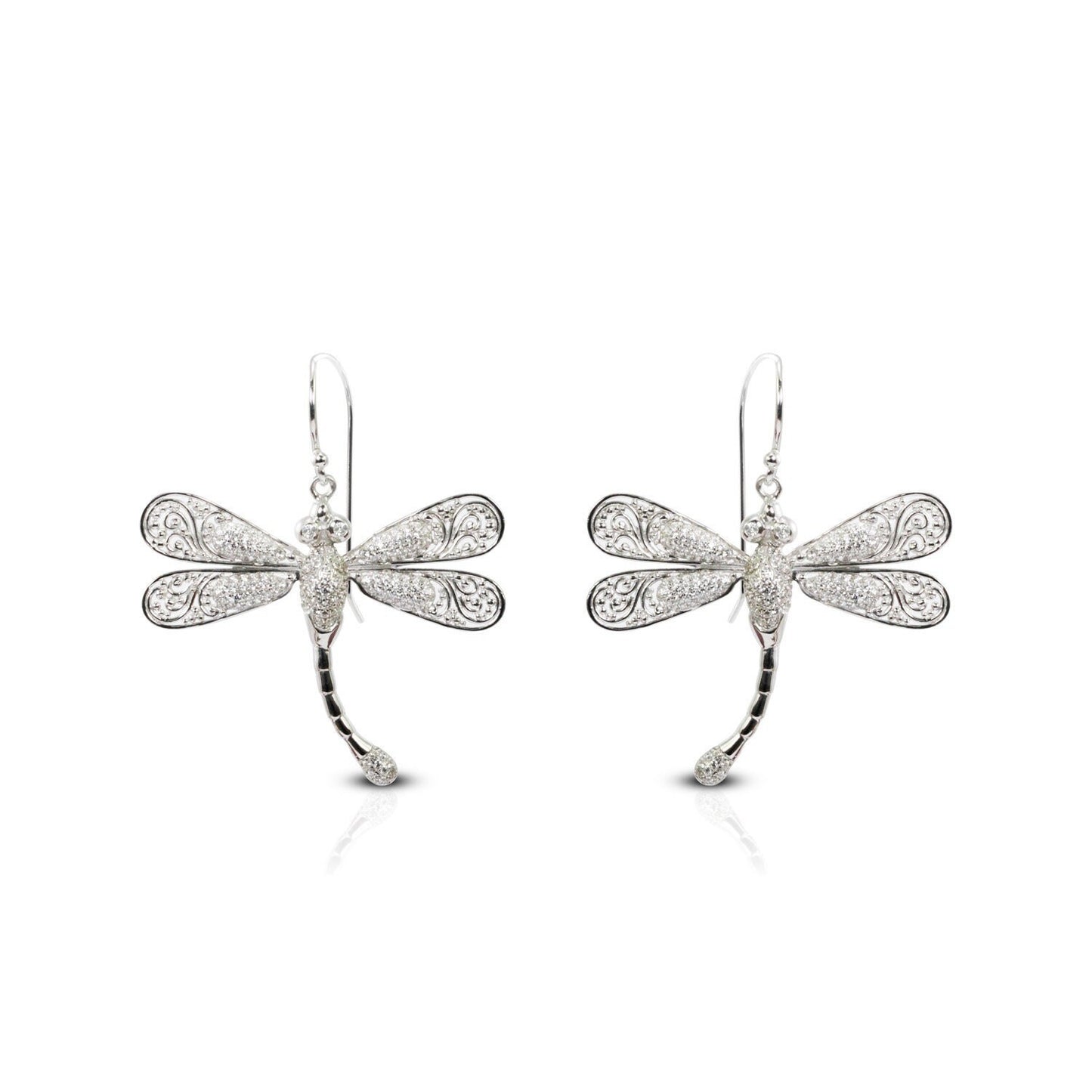 dragonfly earrings 925 sterling silver decorated with genuine white zircon and open work filigree