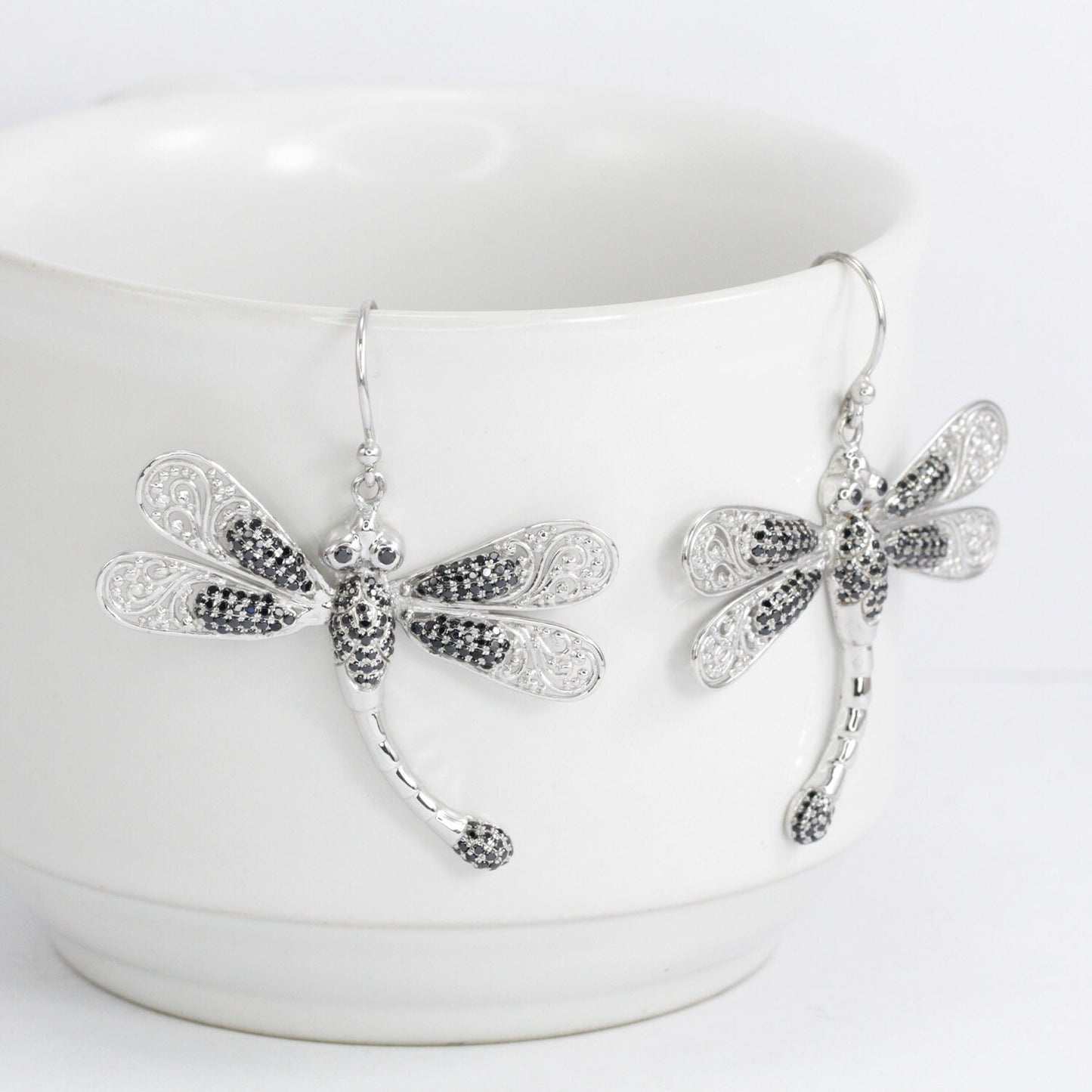 dragonfly earrings 925 sterling silver decorated with genuine black zircon and open work filigree