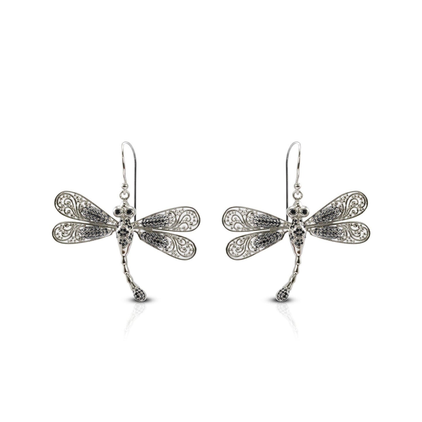 dragonfly earrings 925 sterling silver decorated with genuine black zircon and open work filigree