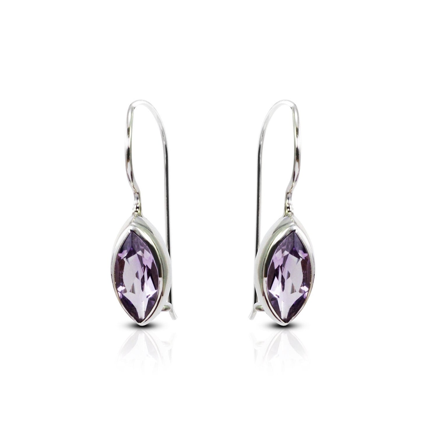 marquise Amethyst Earrings bezel set in dangle 925 sterling silver with safety kidney lock
