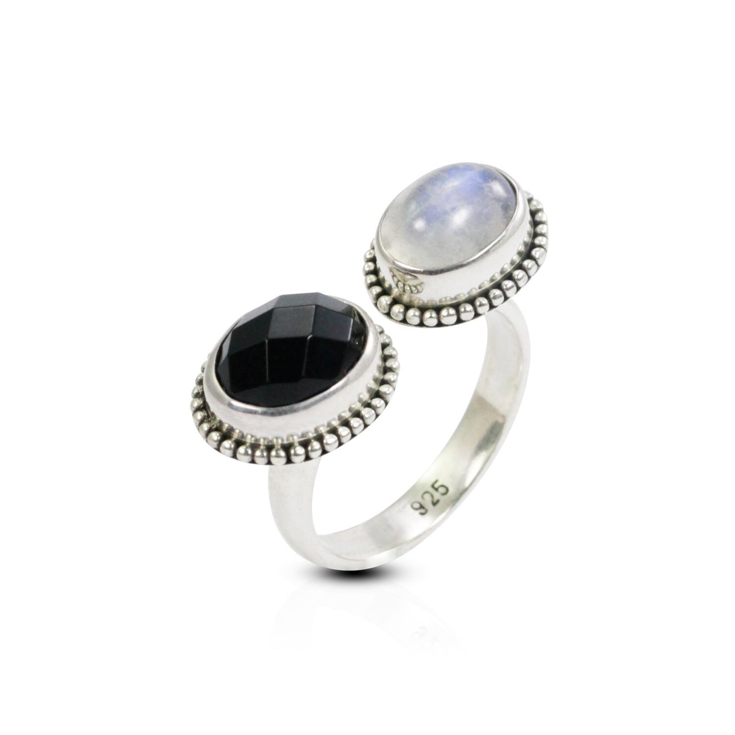 Bypass ring 925 sterling silver with genuine moonstone and black onyx decorated with dot bezel