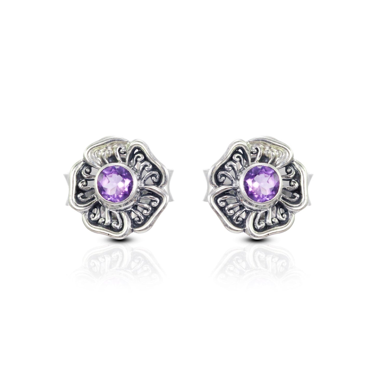 flower earrings studs with genuine round 6 mm Amethyst decorated with 925 sterling silver handmade filigree