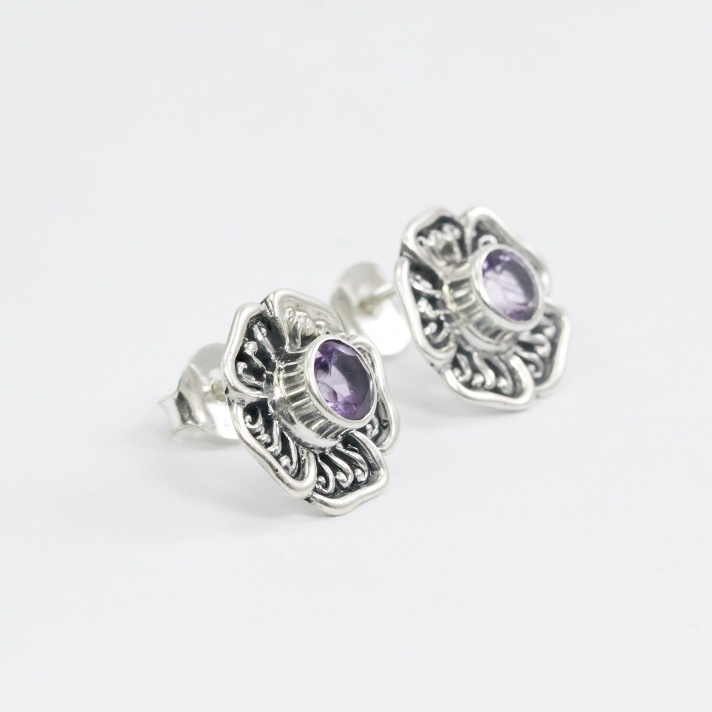 flower earrings studs with genuine round 6 mm Amethyst decorated with 925 sterling silver handmade filigree