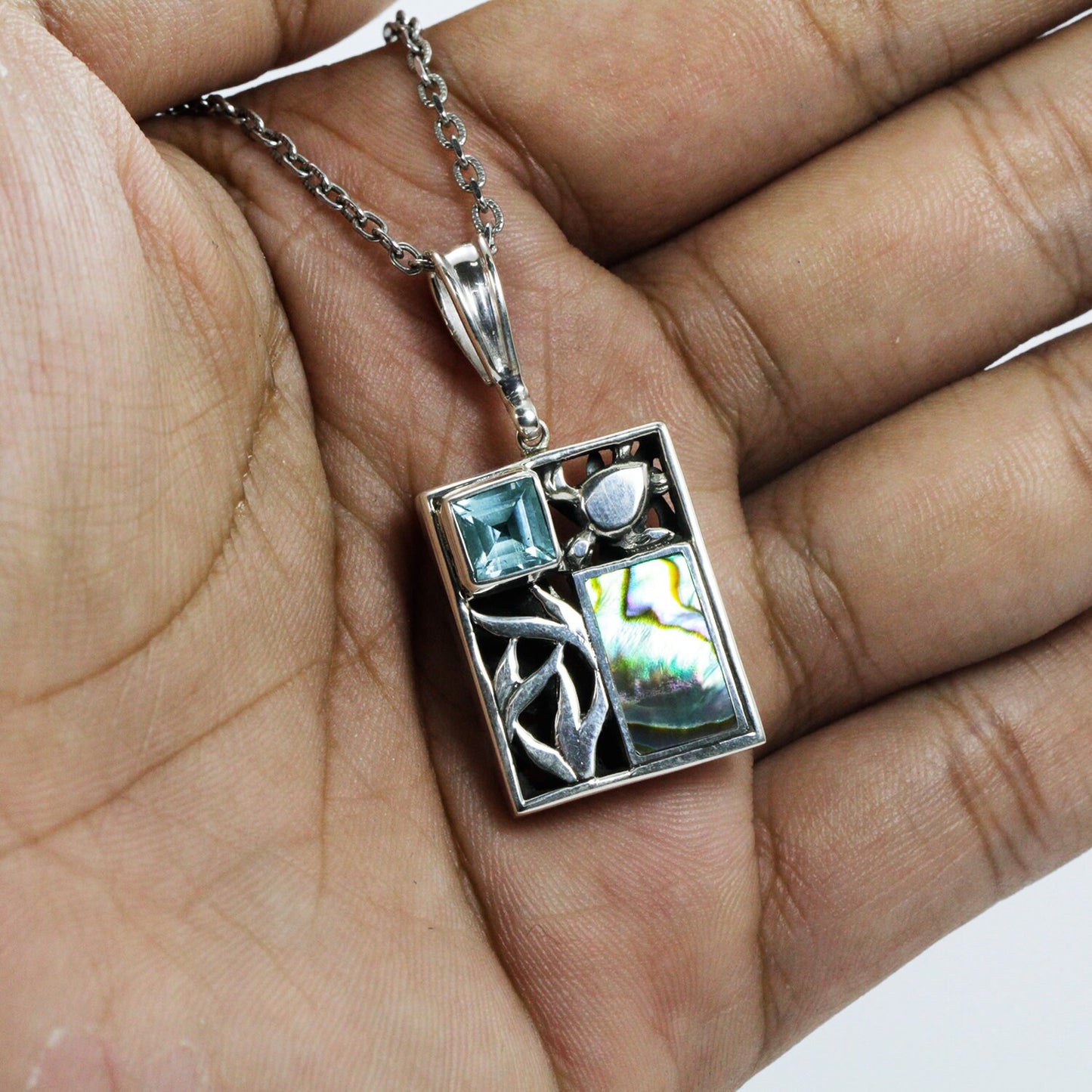 turtle and Sealife Pendant Necklace 925 sterling silver with genuine blue topaz and abalone shell