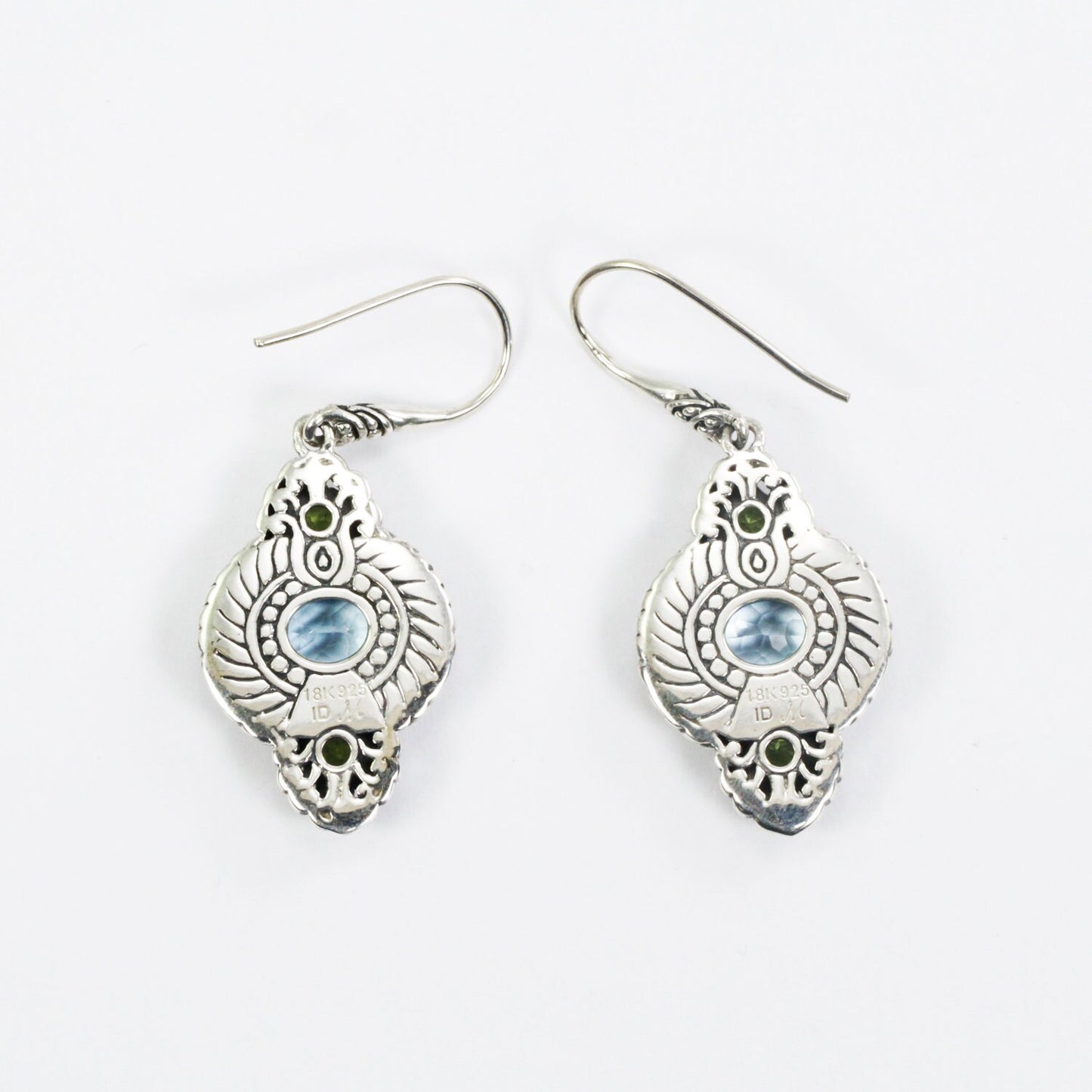 blue topaz earrings dangle 925 sterling silver and 18K yellow gold with genuine green peridot