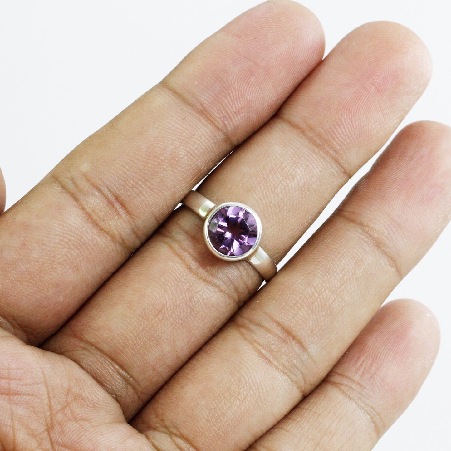 Round Amethyst solitaire ring for women 8 mm round handmade bezel set in 925 sterling silver