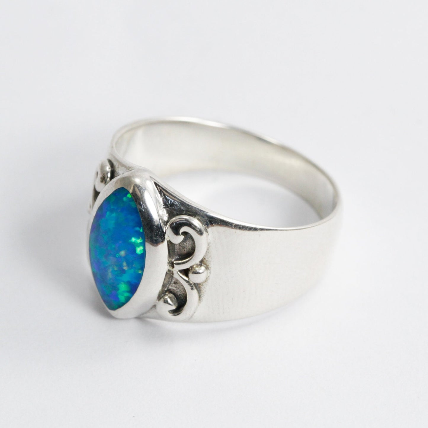 Blue opal ring 925 sterling silver with wide band and swirl filigree
