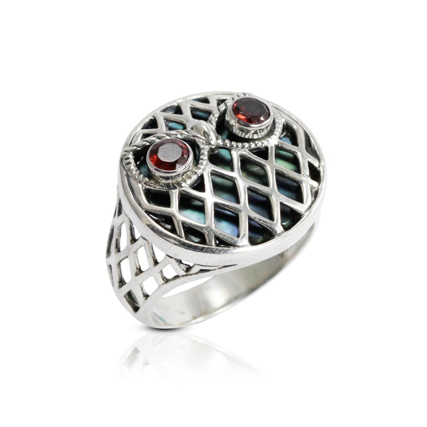owl ring 925 sterling silver with natural garnet decorated with open work Celtic ornament