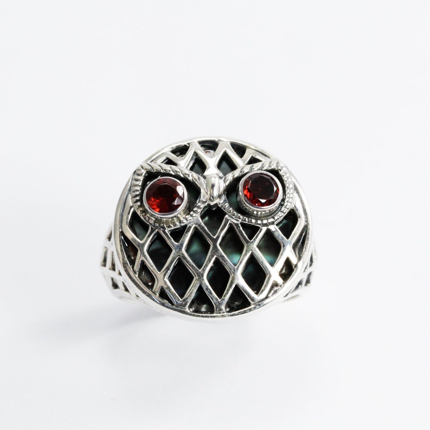 owl ring 925 sterling silver with natural garnet decorated with open work Celtic ornament
