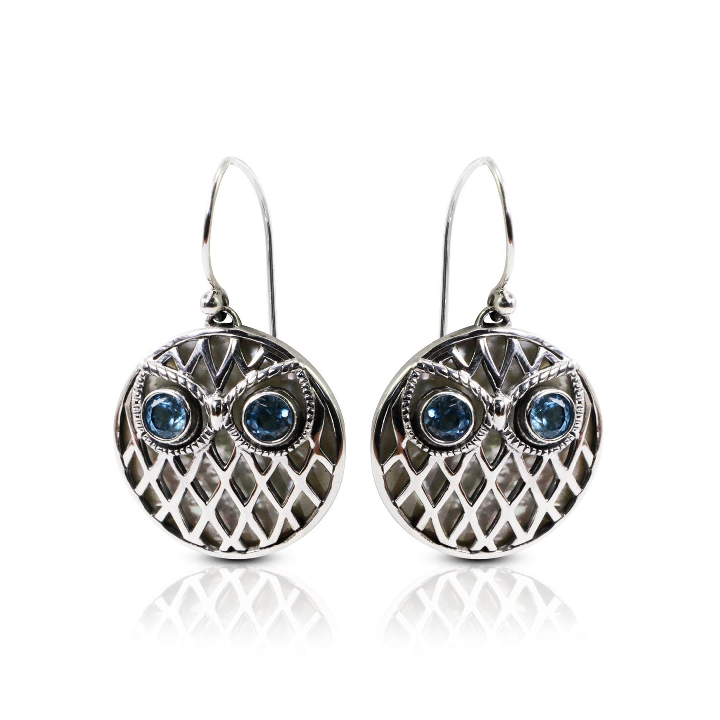Owl earrings 925 sterling silver with genuine blue topaz and white shell decorated with open work ornament