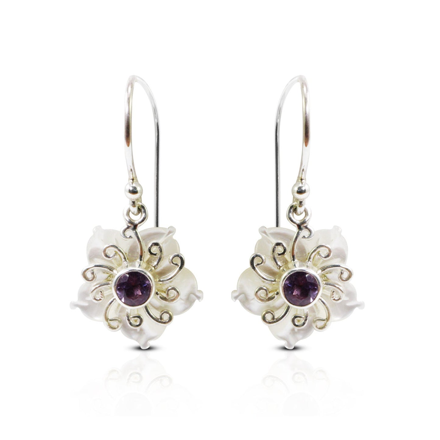 flower earrings 925 sterling silver with genuine amethyst and natural white shell