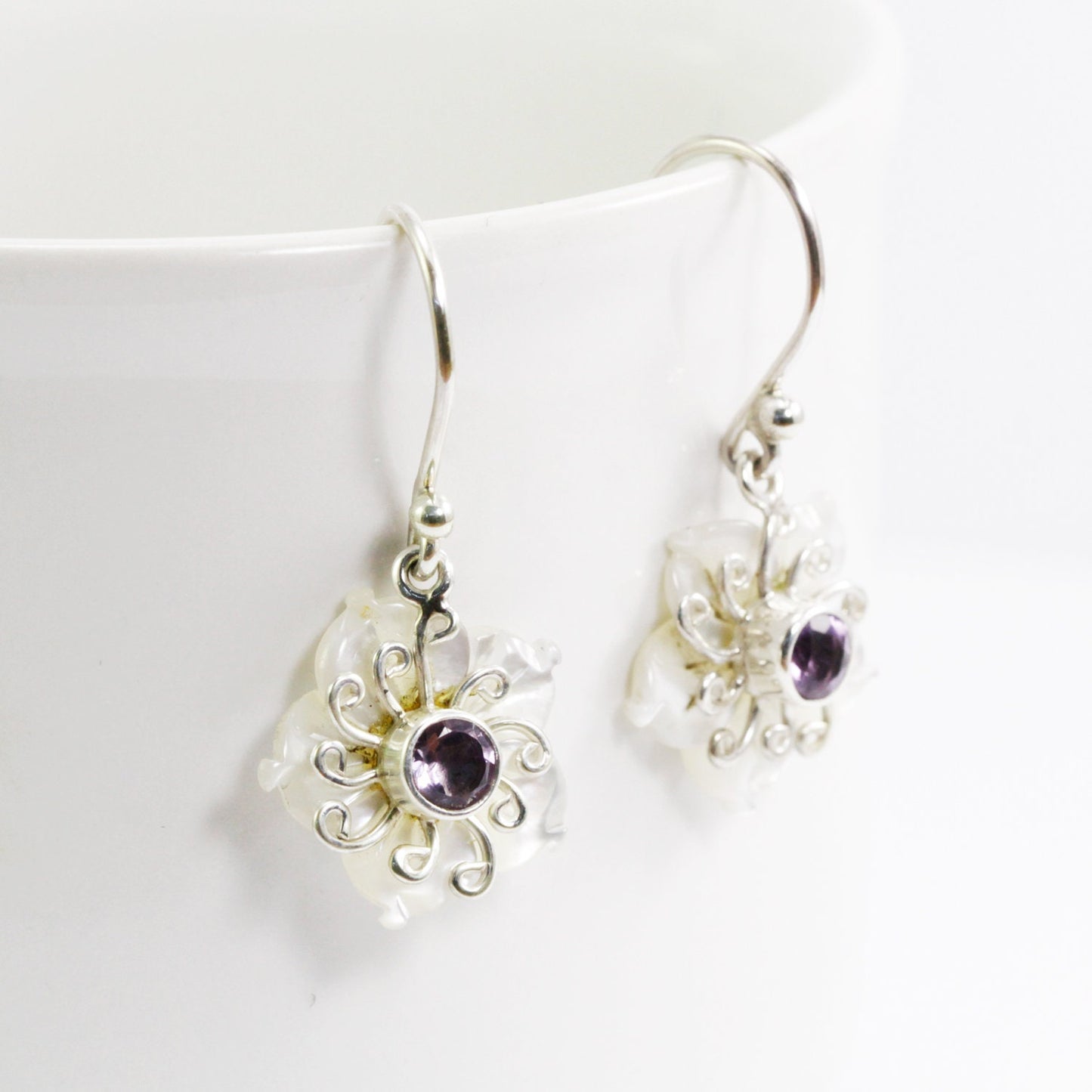 flower earrings 925 sterling silver with genuine amethyst and natural white shell