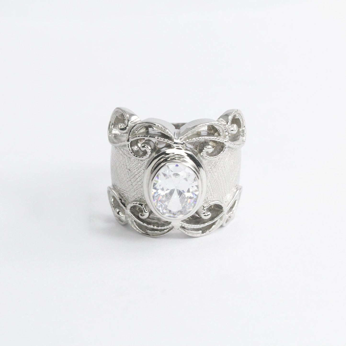 Wide band ring for women 925 sterling silver with genuine white crystal decorated with filigree ornament