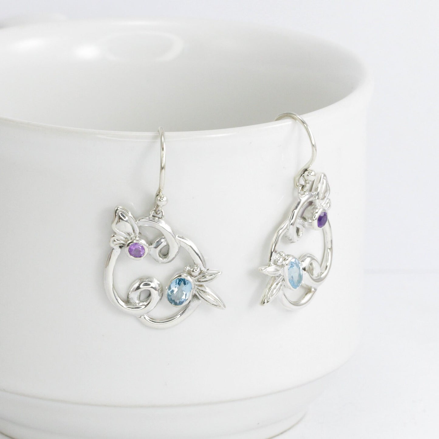 Floral earrings dangle 925 sterling silver with genuine blue topaz and natural amethyst