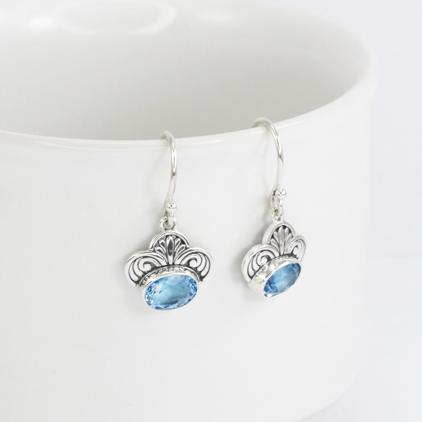 genuine blue topaz earrings 925 sterling silver decorated with swirl filigree flower ornament