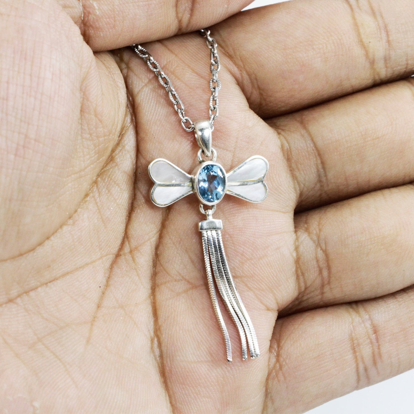 Dragonfly pendant necklace 925 sterling silver genuine blue topaz decorated with chain tails moveable