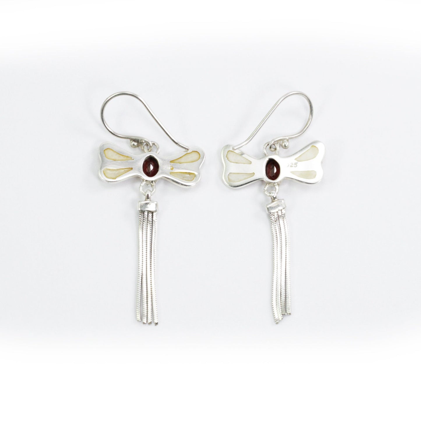 dragonfly earrings 925 sterling silver with genuine red garnet decorated with chain tails