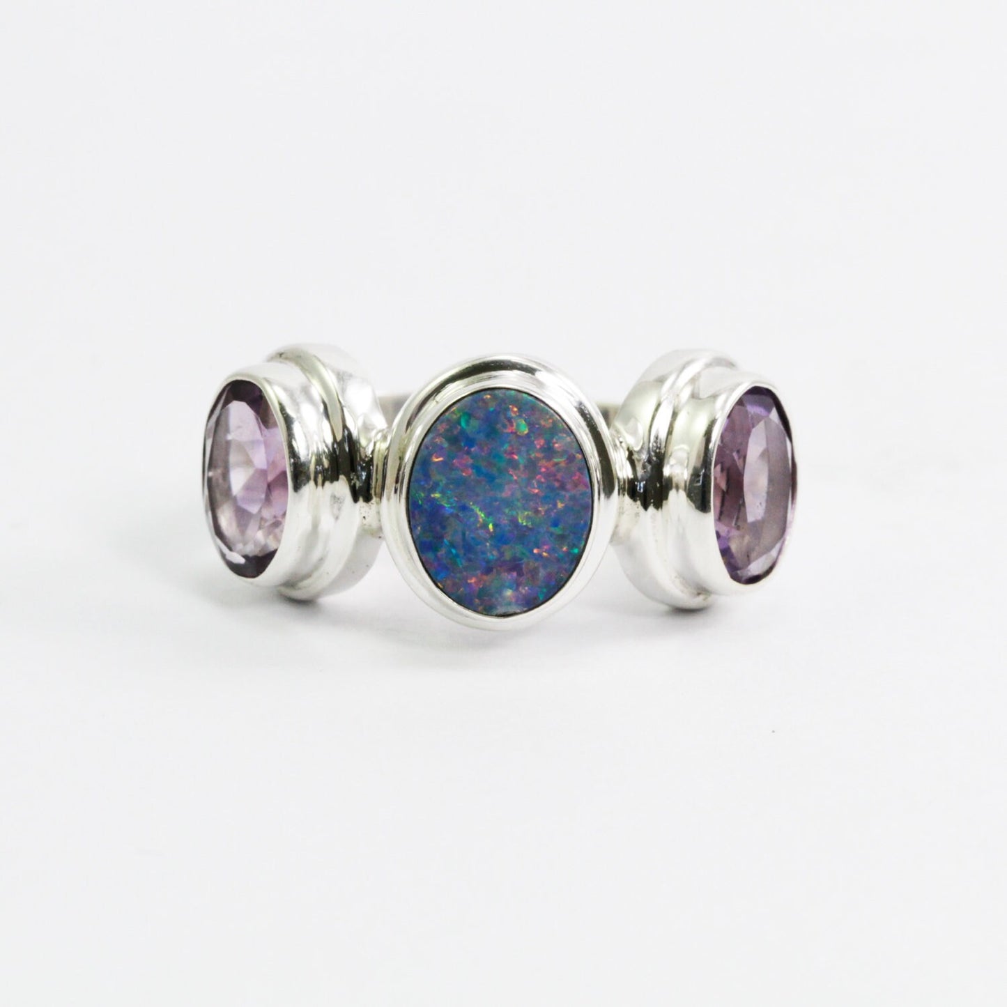 Opal ring 925 sterling silver with genuine amethyst in bezel set