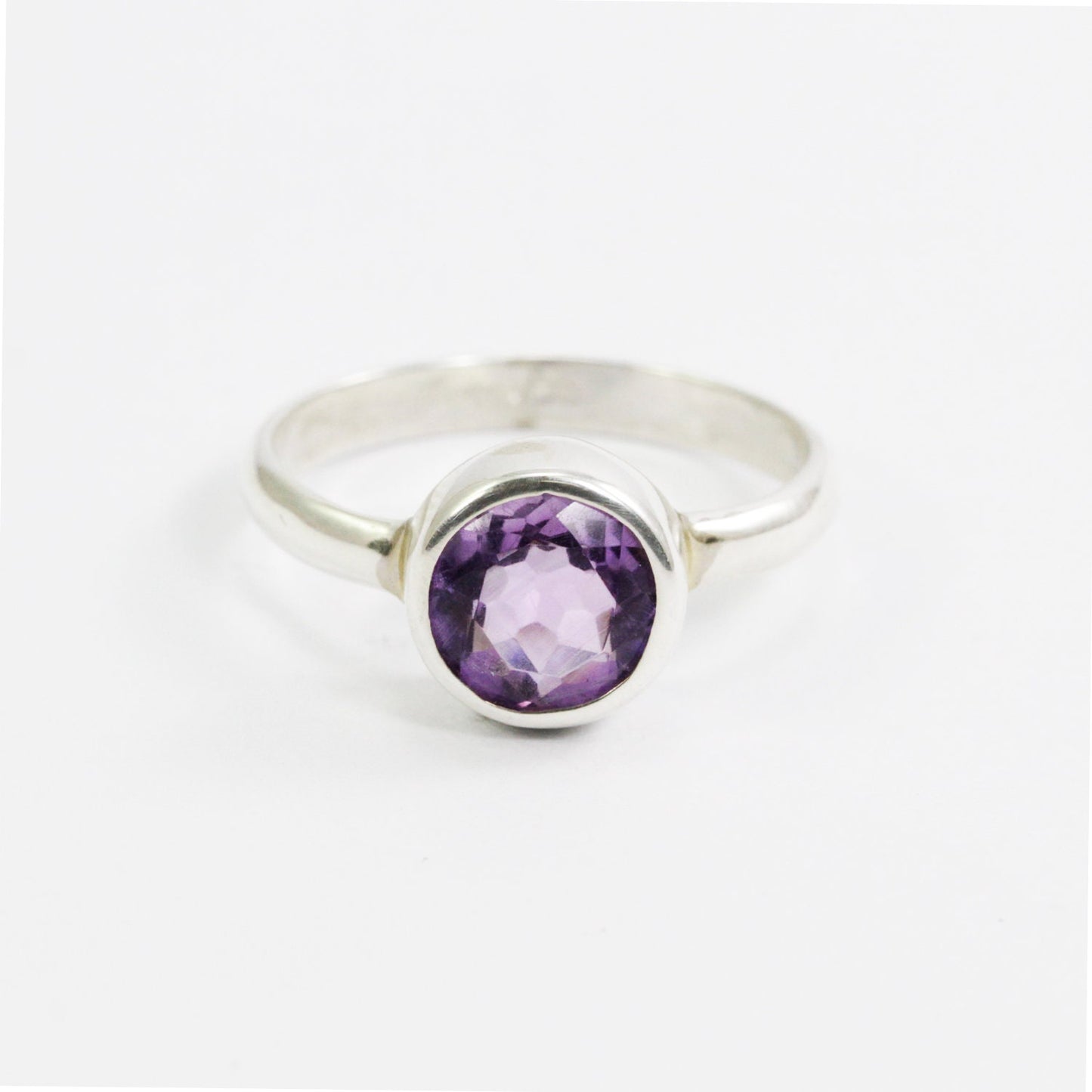 solitaire ring for women 8 mm round amethyst in handmade bezel 925 sterling silver