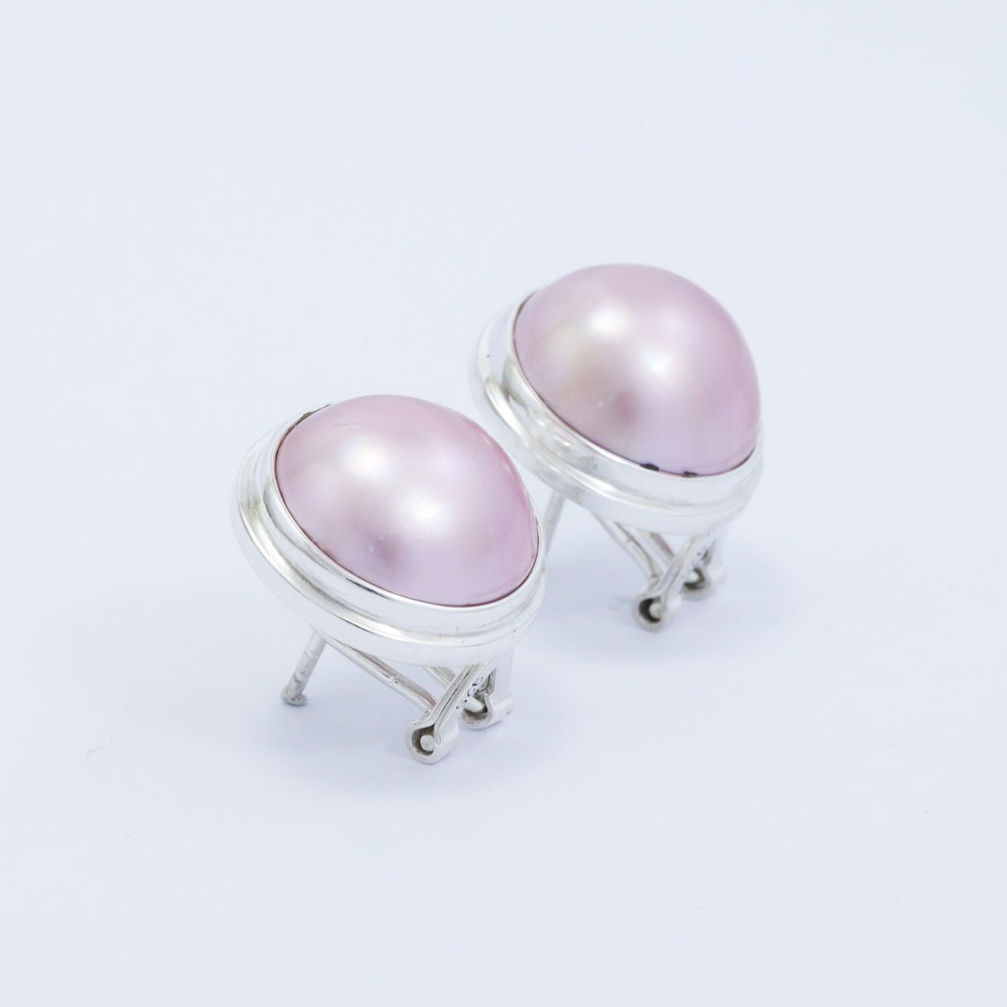 pink mabe pearl earrings stud 925 sterling silver in handmade bezel and safety omega lock