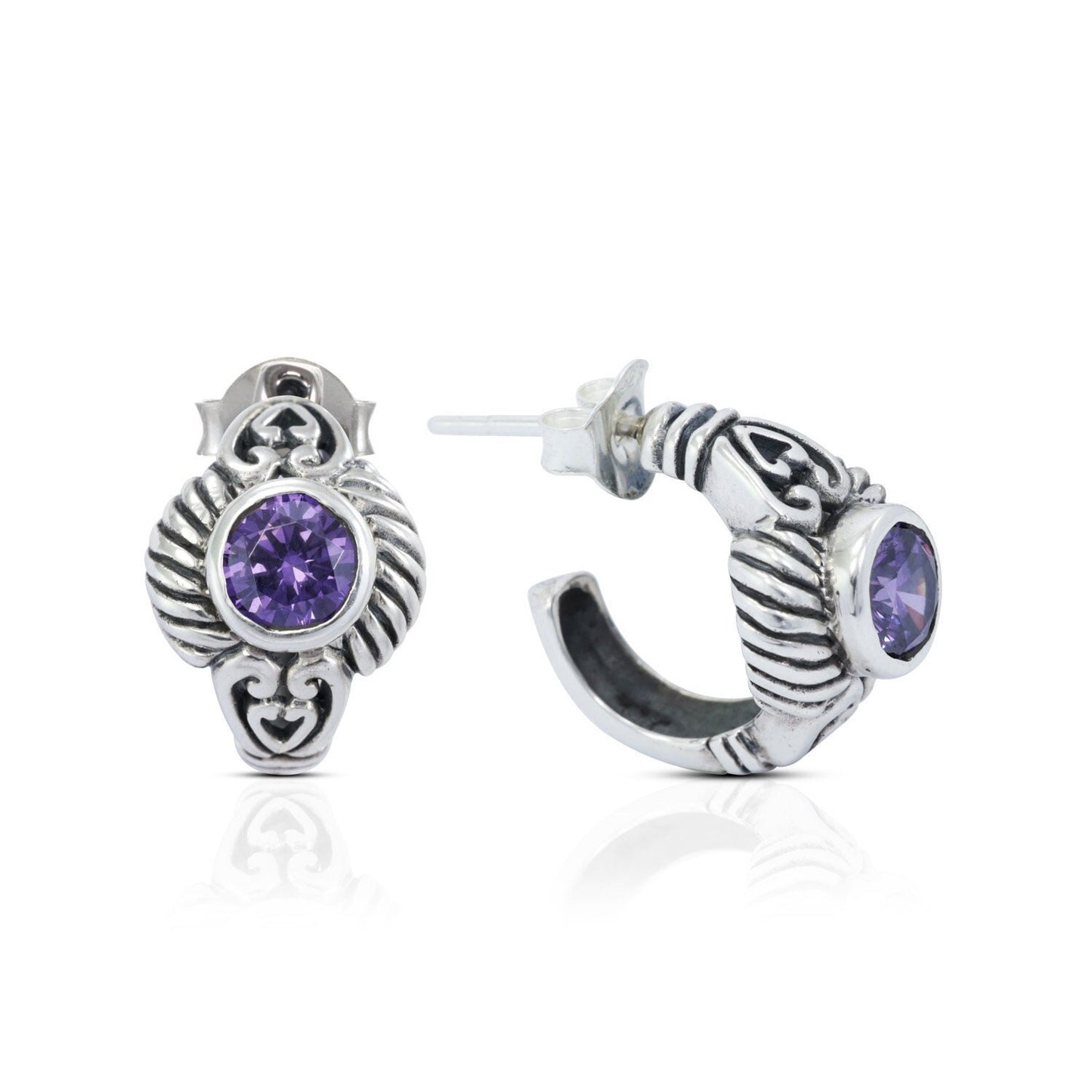 Hoop earrings 925 sterling silver with amethyst zirconia decorated with cable edge style