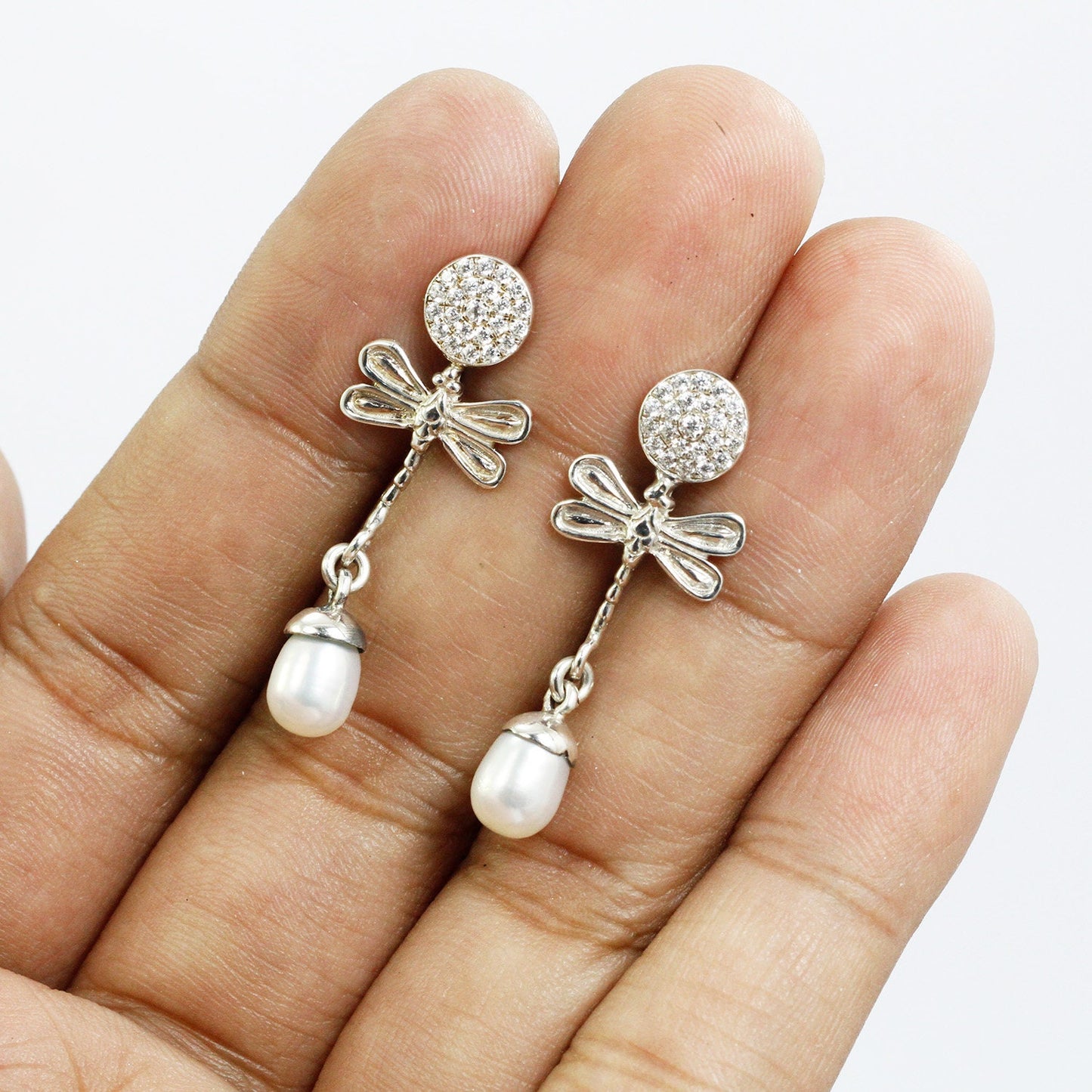 dragonfly earrings with pave setting and freshwater pearl set in 925 sterling silver