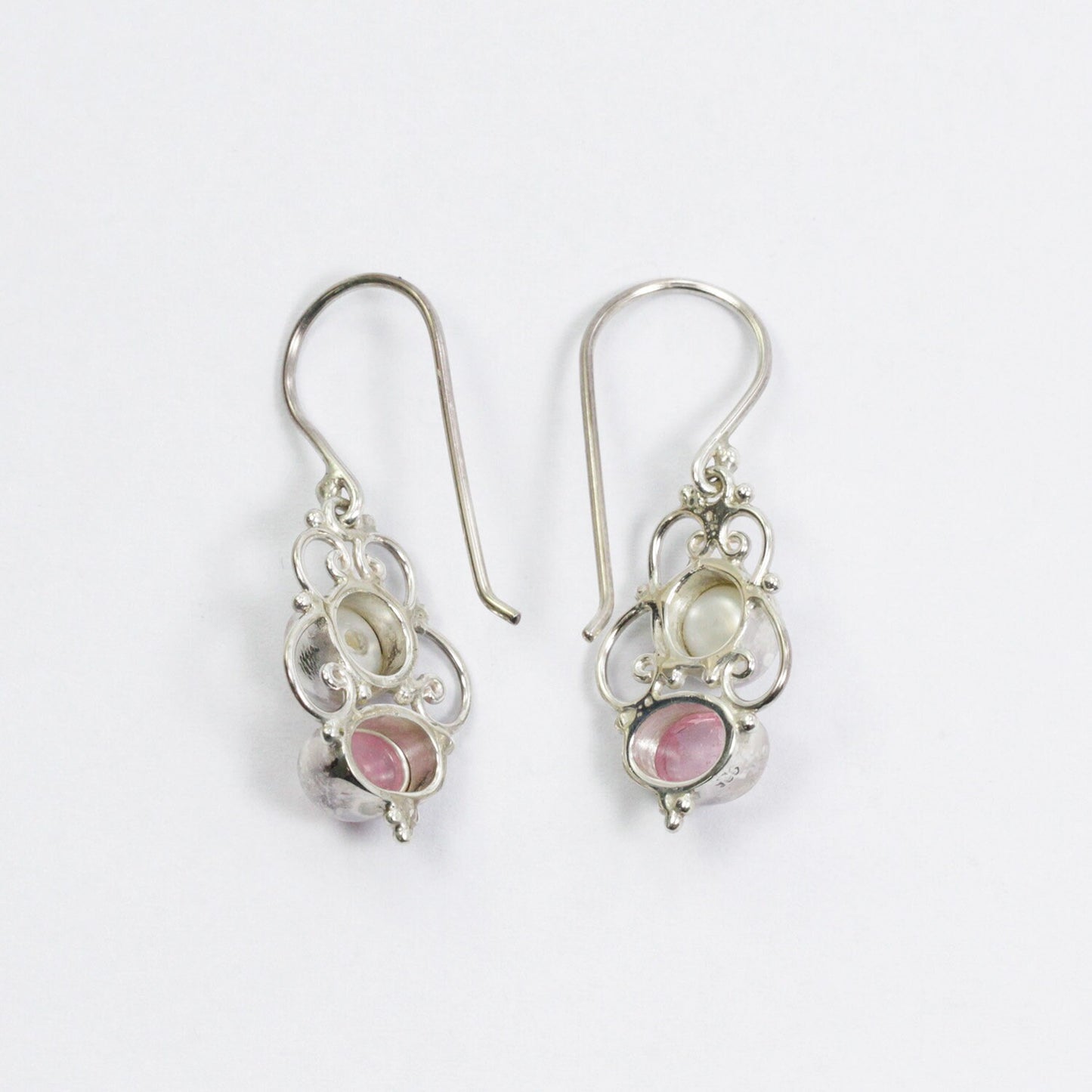 pink tourmaline earrings 925 sterling silver with genuine freshwater pearl and filigree ornament
