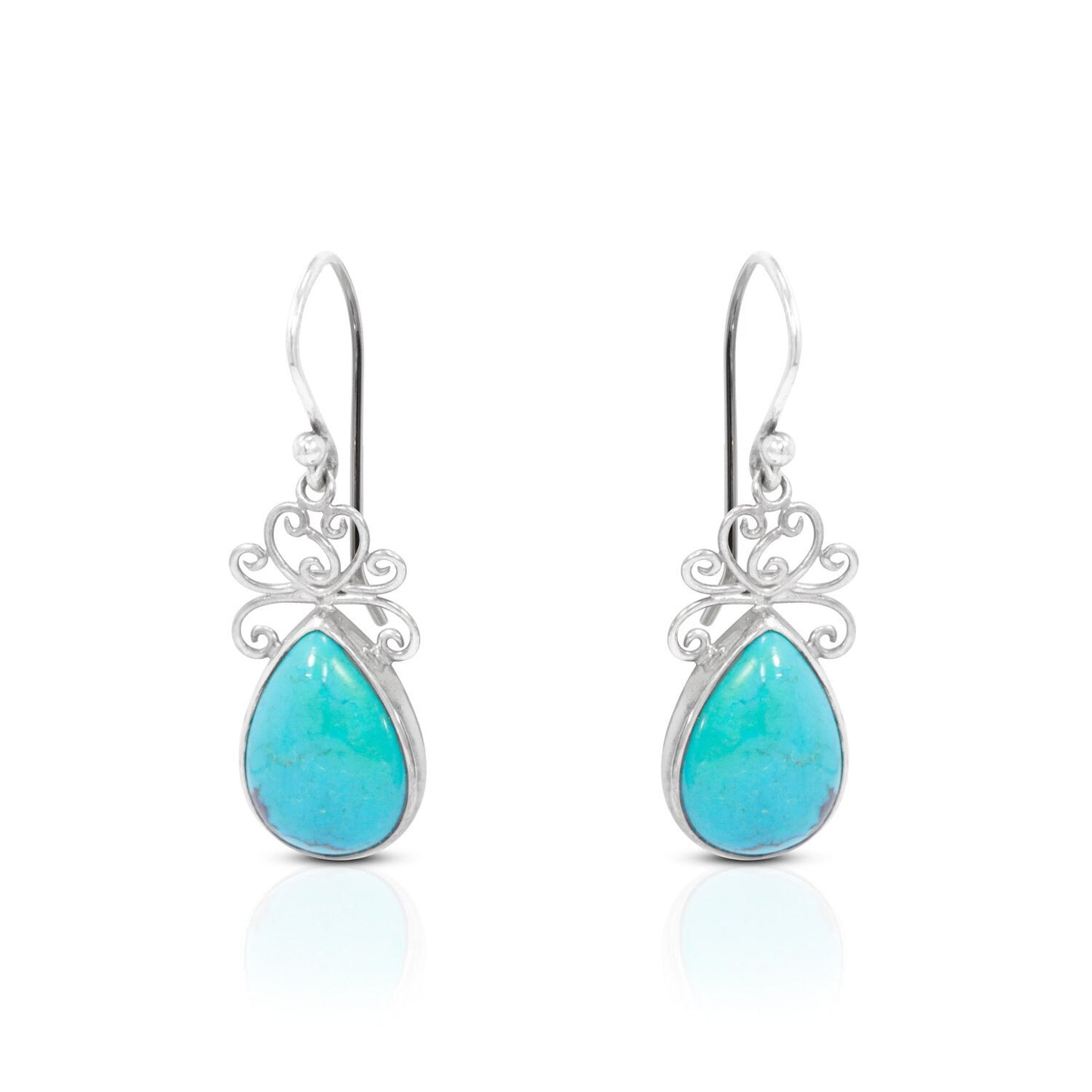 Teardrop Turquoise Earrings 925 Sterling Silver Decorated with Handmade Filigree Bezel