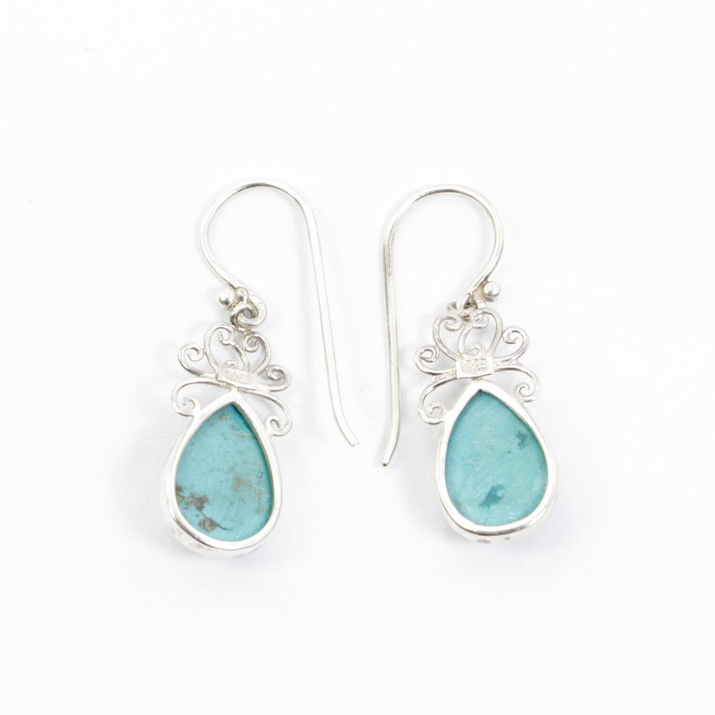 Teardrop Turquoise Earrings 925 Sterling Silver Decorated with Handmade Filigree Bezel