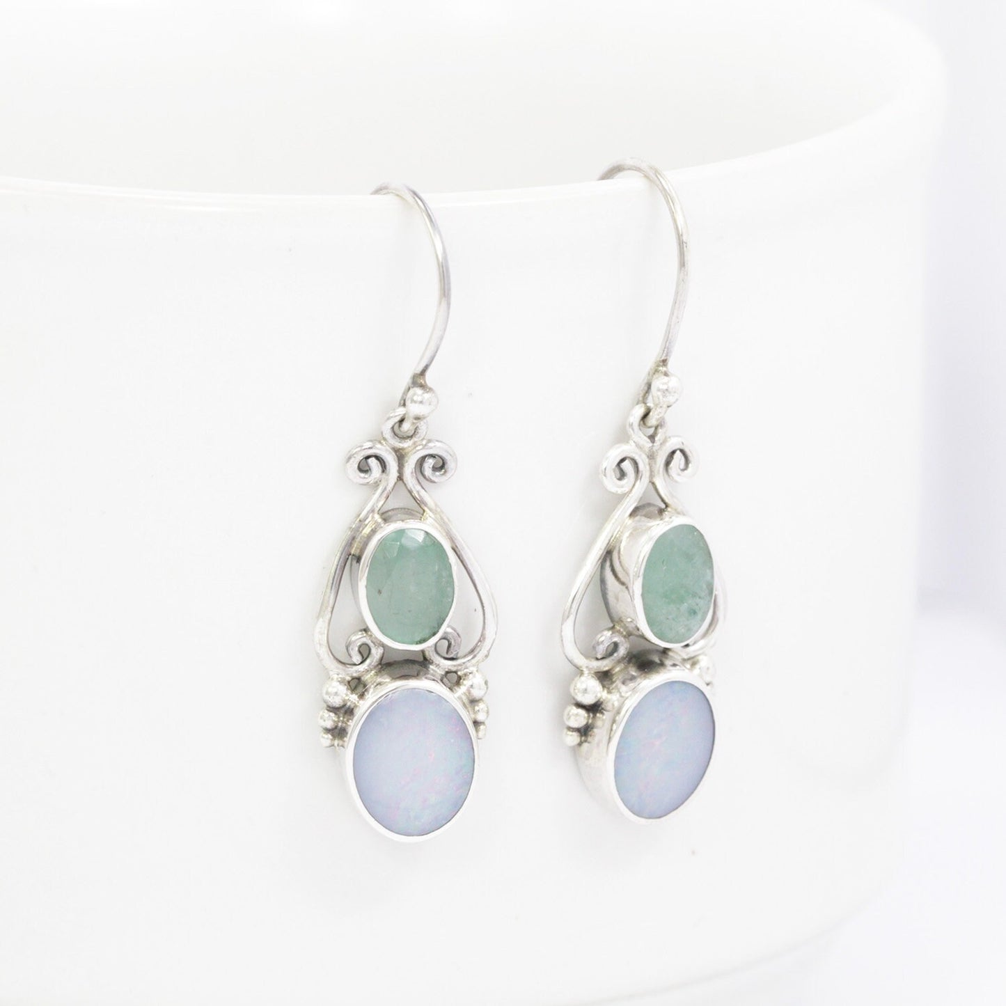 emerald earrings dangle set in 925 sterling silver with genuine fire opal